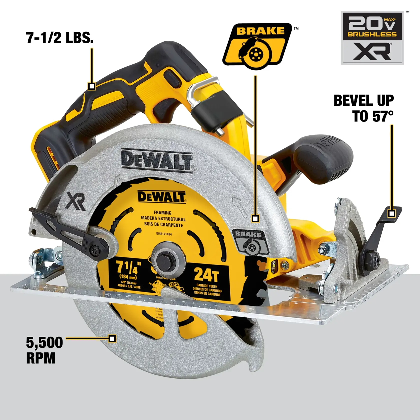 DEWALT DCS570B cordless circular saw with yellow and black handle, featuring a 7-1/4 inch blade, 24 carbide teeth, 5,500 RPM speed, up to 57-degree bevel capability, electric brake, weighs 7-1/2 lbs, and uses a 20V MAX XR brushless motor.
