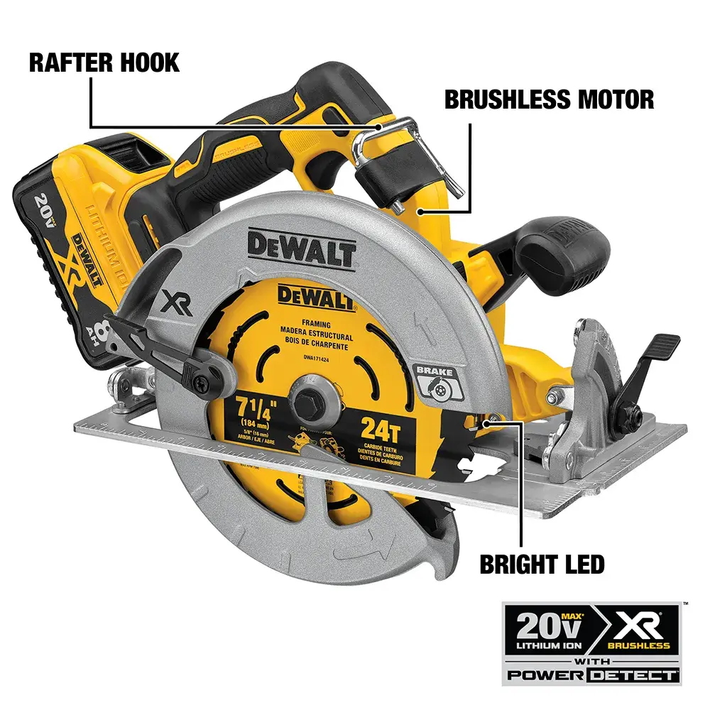 Scie circulaire sans fil DEWALT, modèle DCS574W1, avec un design jaune et noir, lame de 7-1/4 pouces et 24 dents en carbure. La scie dispose d'une batterie au lithium-ion et d'une poignée ergonomique.