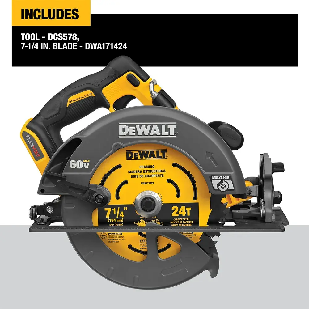 DEWALT DCS578B 60V cordless circular saw with a yellow and black design, shown with a 7-1/4 inch, 24-tooth blade attached. Includes tool and blade as listed in the graphic.