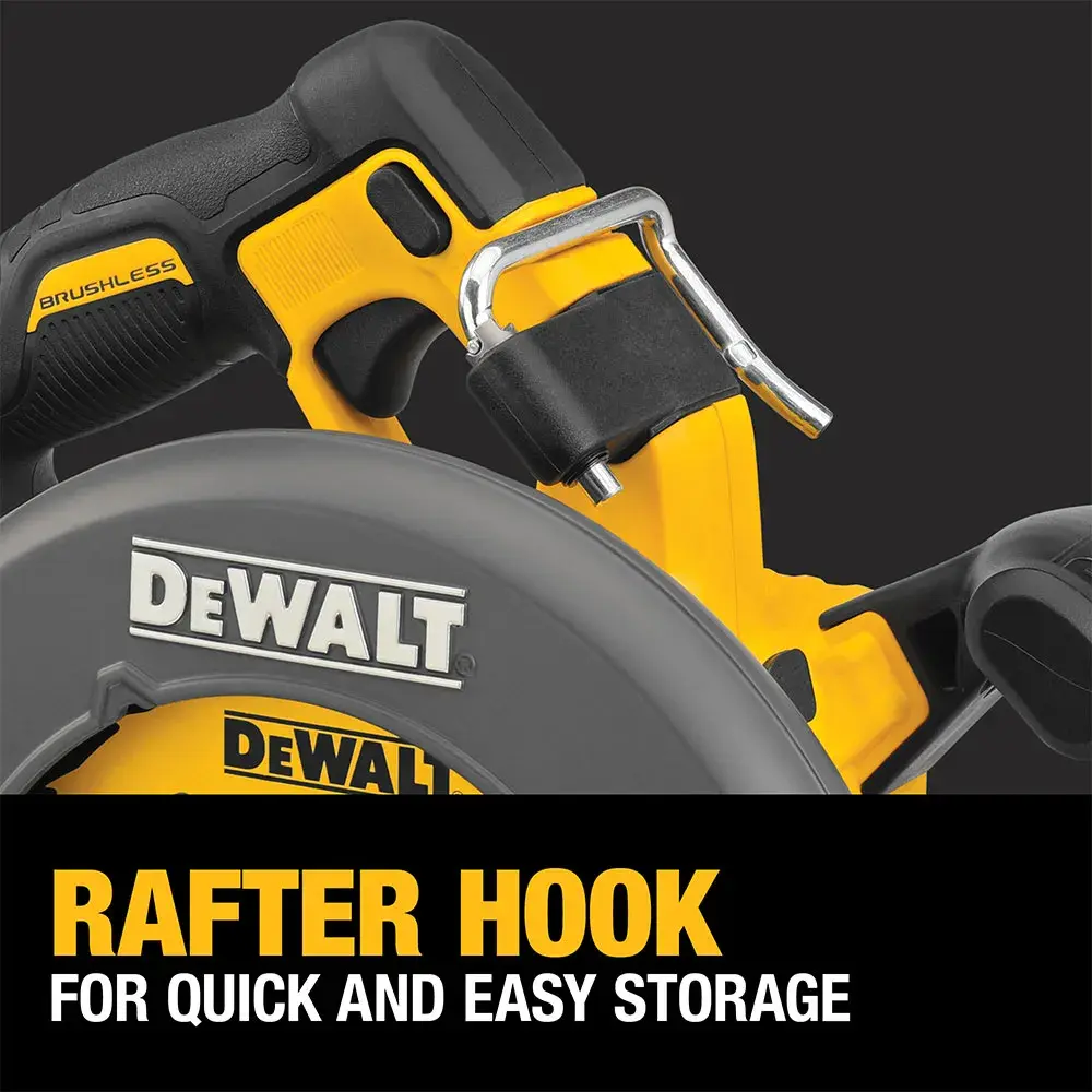 Close-up image of a DEWALT circular saw, showing the rafter hook feature for quick and easy storage. The saw is yellow and black with the DEWALT logo visible.