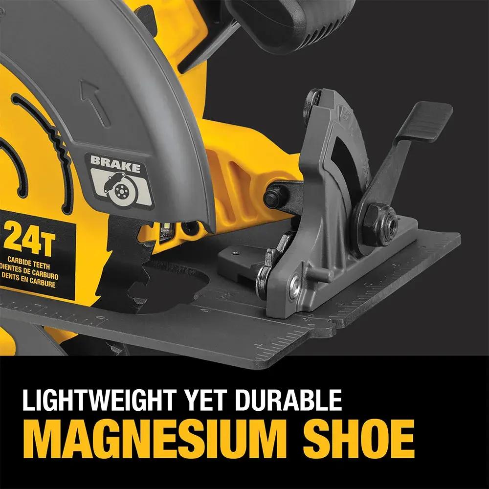 Close-up image of a DEWALT circular saw, focusing on the magnesium shoe and blade area. The text highlights the lightweight yet durable magnesium shoe feature.