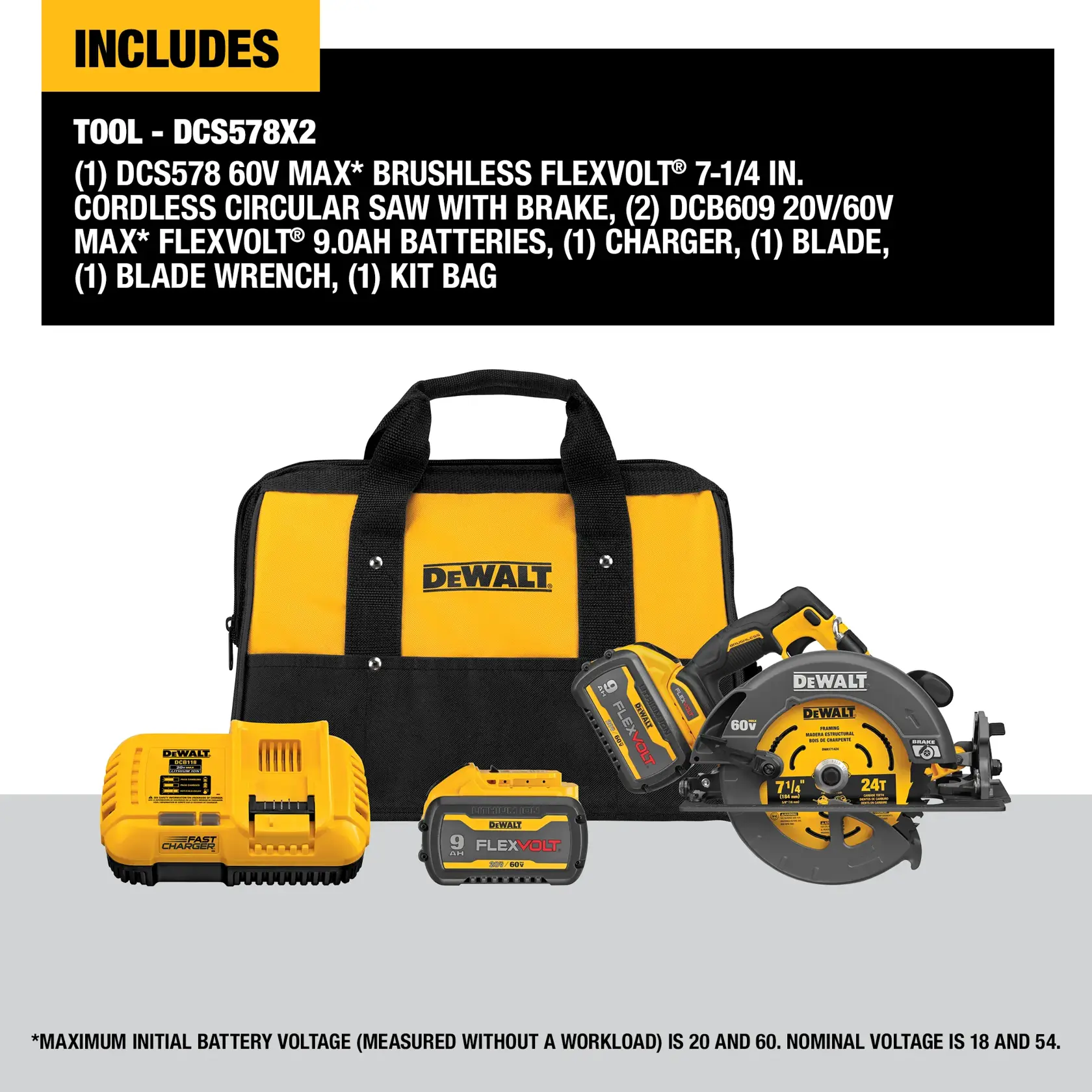 DEWALT DCS578X2 kit includes a yellow and black DEWALT branded tool bag, a cordless circular saw with brake, two FLEXVOLT 9.0Ah batteries, one charger, one blade, and a blade wrench. The components are neatly arranged and labeled.