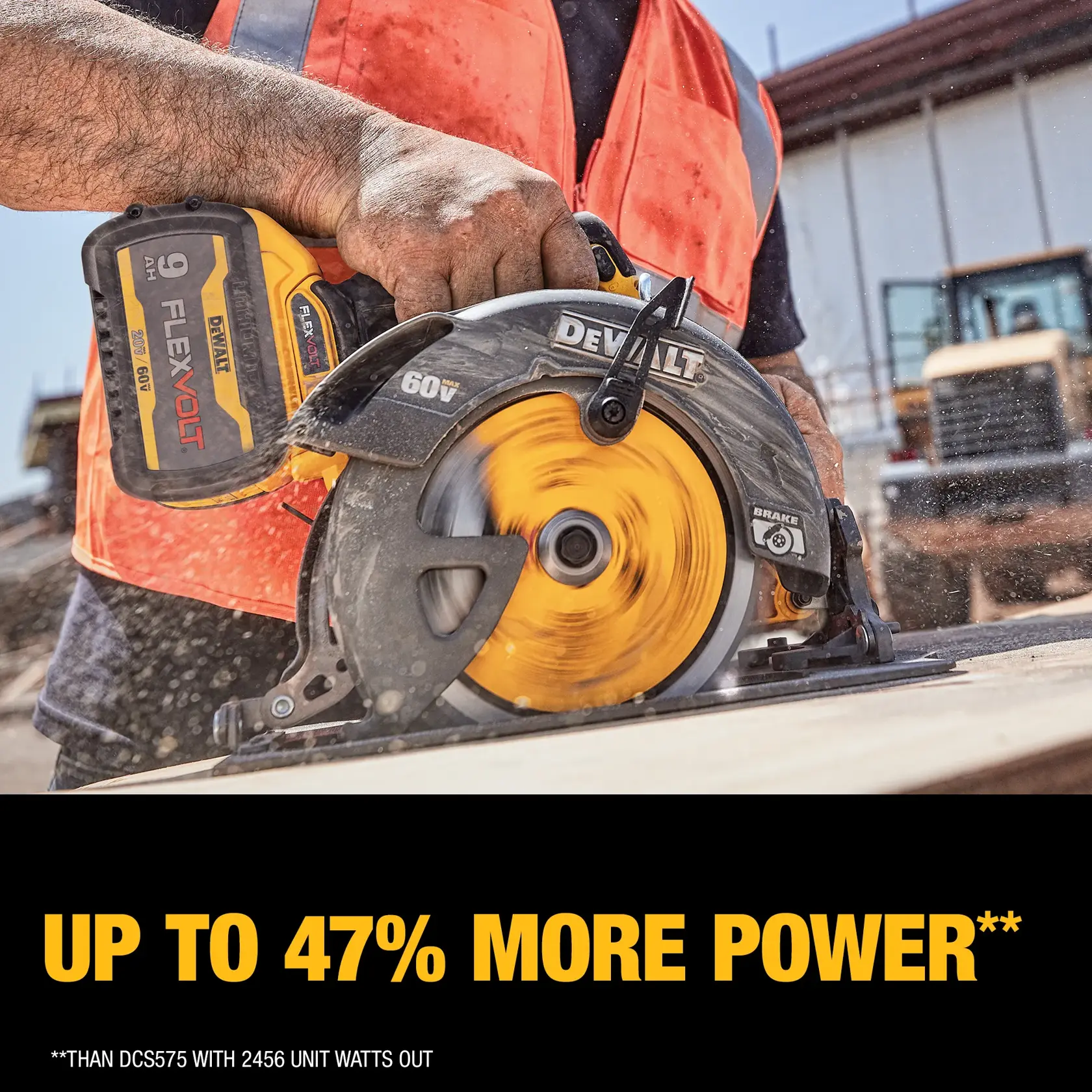A person wearing a safety vest is using a DEWALT 60V FLEXVOLT cordless circular saw outdoors on a construction site. The saw is actively cutting through wood. The text in the image highlights 'Up to 47% more power' compared to DCS575 with 2456 unit watts out.