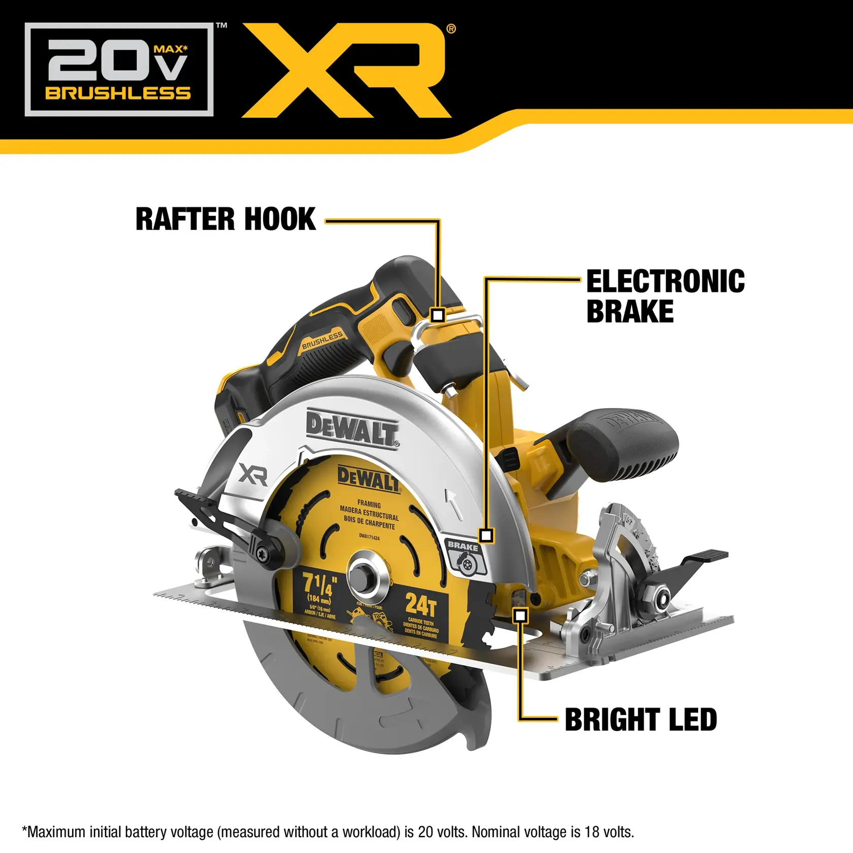 Image of a DEWALT 20V Max XR Brushless circular saw, model DCS590B. Highlighted features include a rafter hook, electronic brake, and a bright LED. The saw is shown with a 7-1/4 inch, 24-tooth blade, and DEWALT branding.
