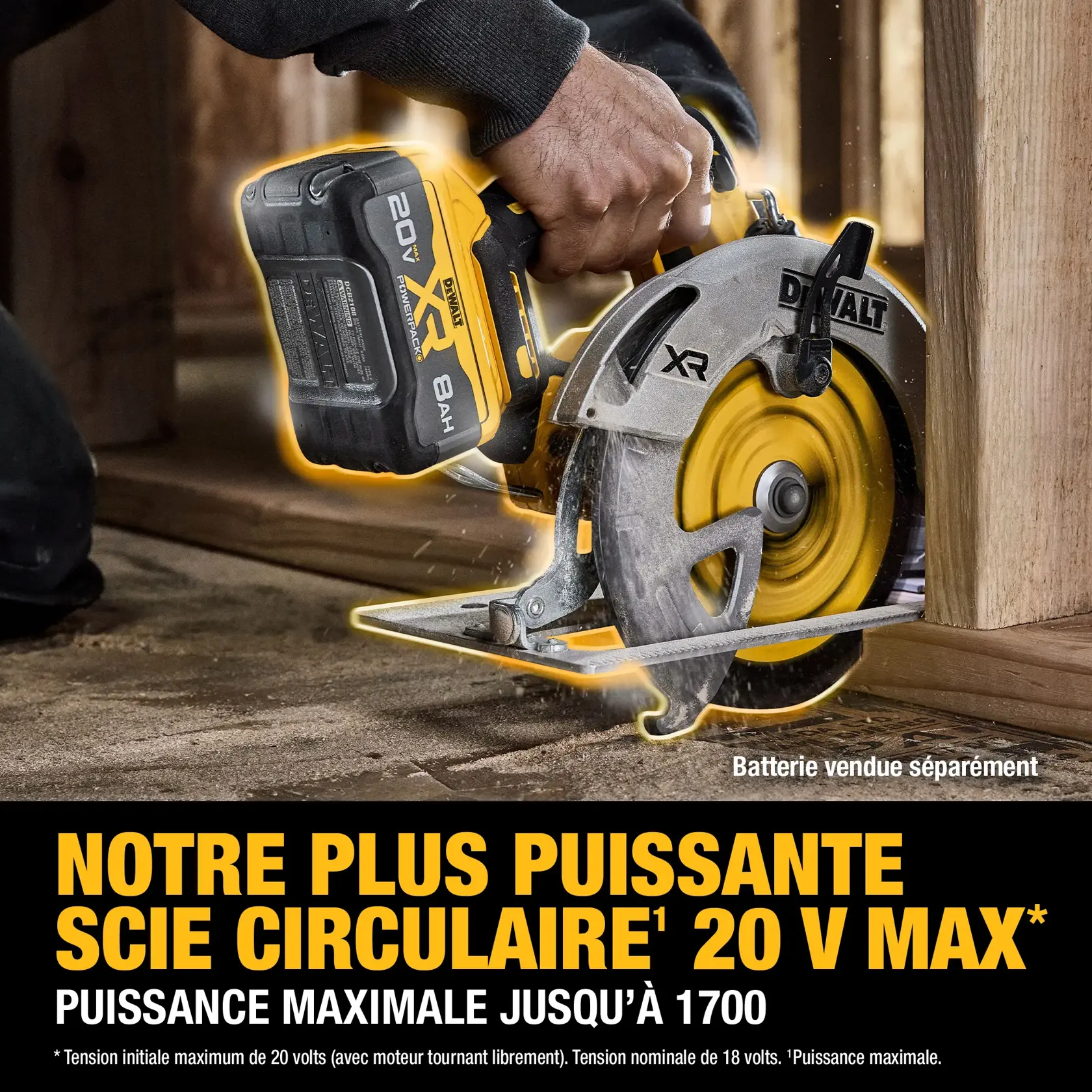 Promotional graphic for the DEWALT DCS590B circular saw, highlighting it as 'Our Most Powerful 20V Max* Circular Saw'. The image shows the saw with a comparison of two DEWALT batteries: a standard 20V battery and a larger XR battery, emphasizing increased power. Battery sold separately notice is included.