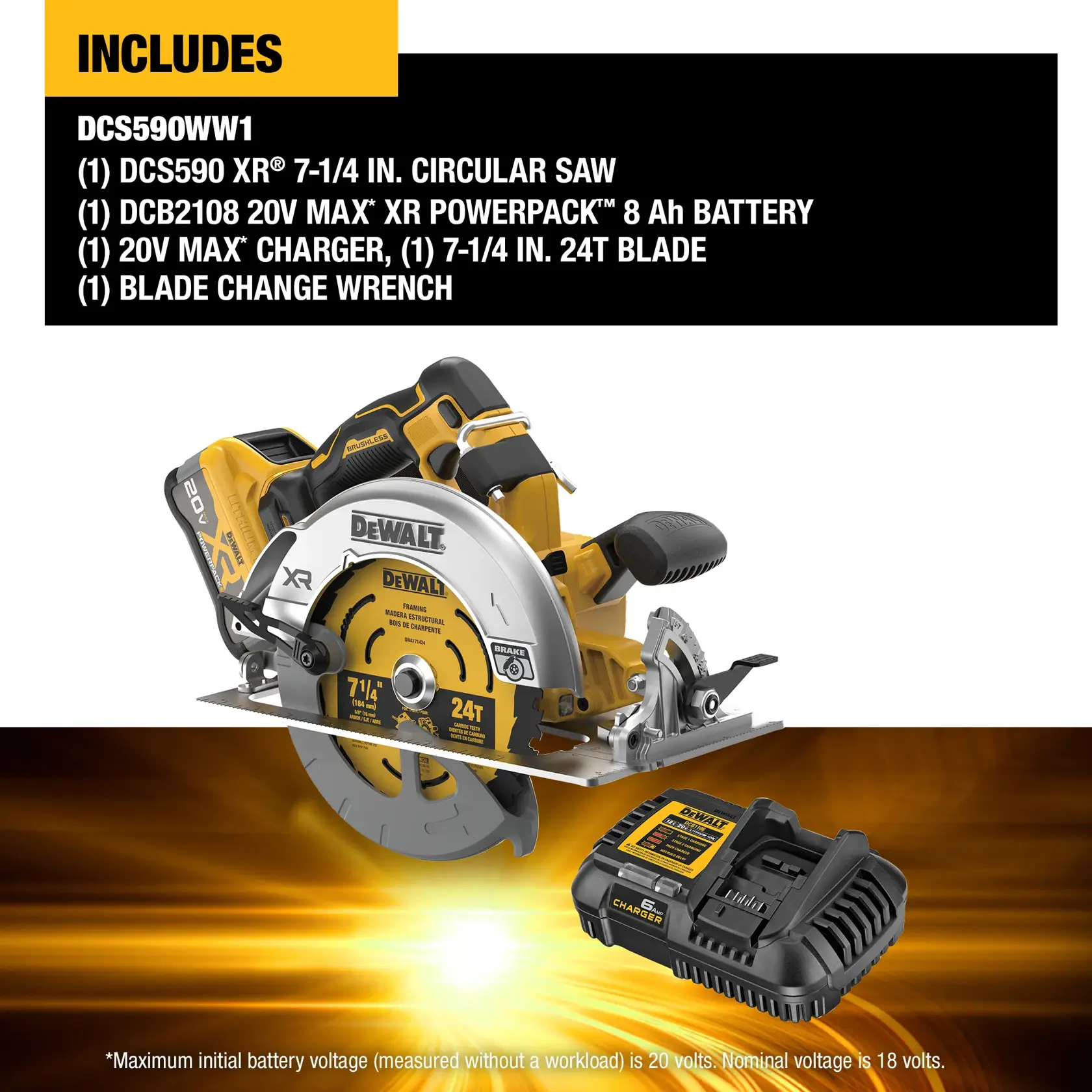 Image showing the DEWALT DCS590WW1 kit contents. Included are a DCS590 XR 7-1/4 inch circular saw, DCB2108 20V MAX XR Powerpack 8 Ah battery, 20V MAX charger, a 7-1/4 inch 24T blade, and a blade change wrench. The circular saw and charger are displayed prominently. Text on the image lists kit contents and battery voltage information.