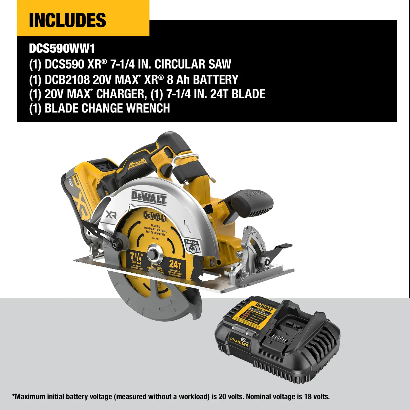 DEWALT DCS590WW1 product image showing a 7-1/4 inch XR circular saw, a 20V MAX XR 8Ah battery, a 20V MAX charger, a 7-1/4 inch 24-tooth blade installed on the saw, and a blade change wrench. The top left includes a list of package contents.