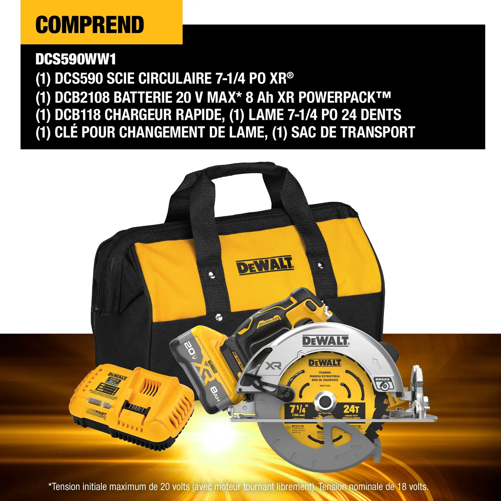 Image showing the DEWALT DCS590WW1 kit contents. Included are a DCS590 XR 7-1/4 inch circular saw, DCB2108 20V MAX XR Powerpack 8 Ah battery, 20V MAX charger, a 7-1/4 inch 24T blade, and a blade change wrench. The circular saw and charger are displayed prominently. Text on the image lists kit contents and battery voltage information.