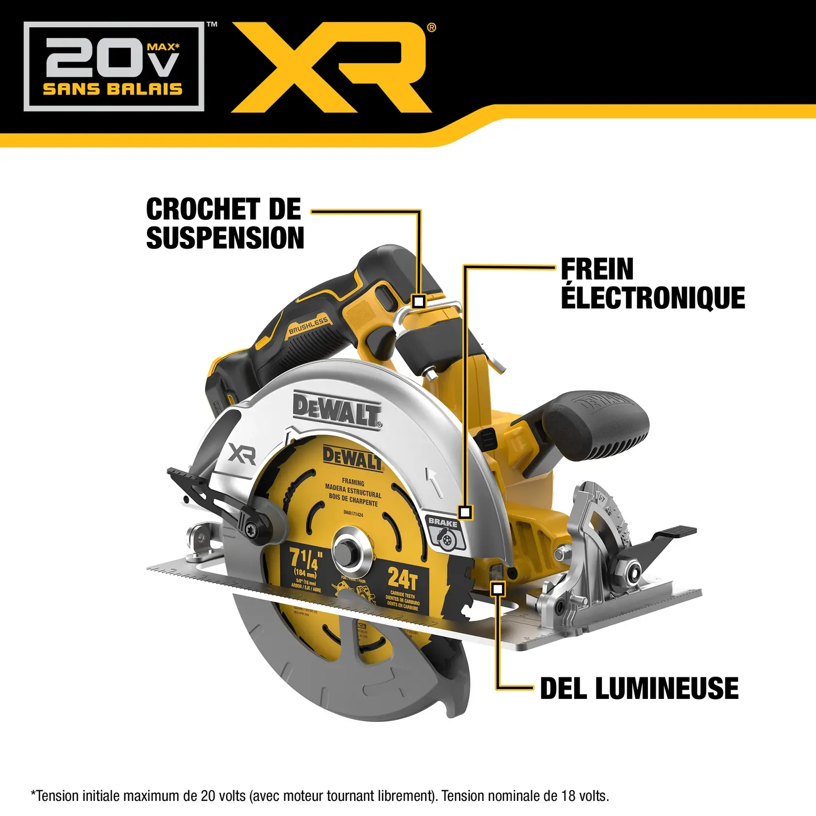 DEWALT DCS590WW1 product image showing a 7-1/4 inch XR circular saw, a 20V MAX XR 8Ah battery, a 20V MAX charger, a 7-1/4 inch 24-tooth blade installed on the saw, and a blade change wrench. The top left includes a list of package contents.