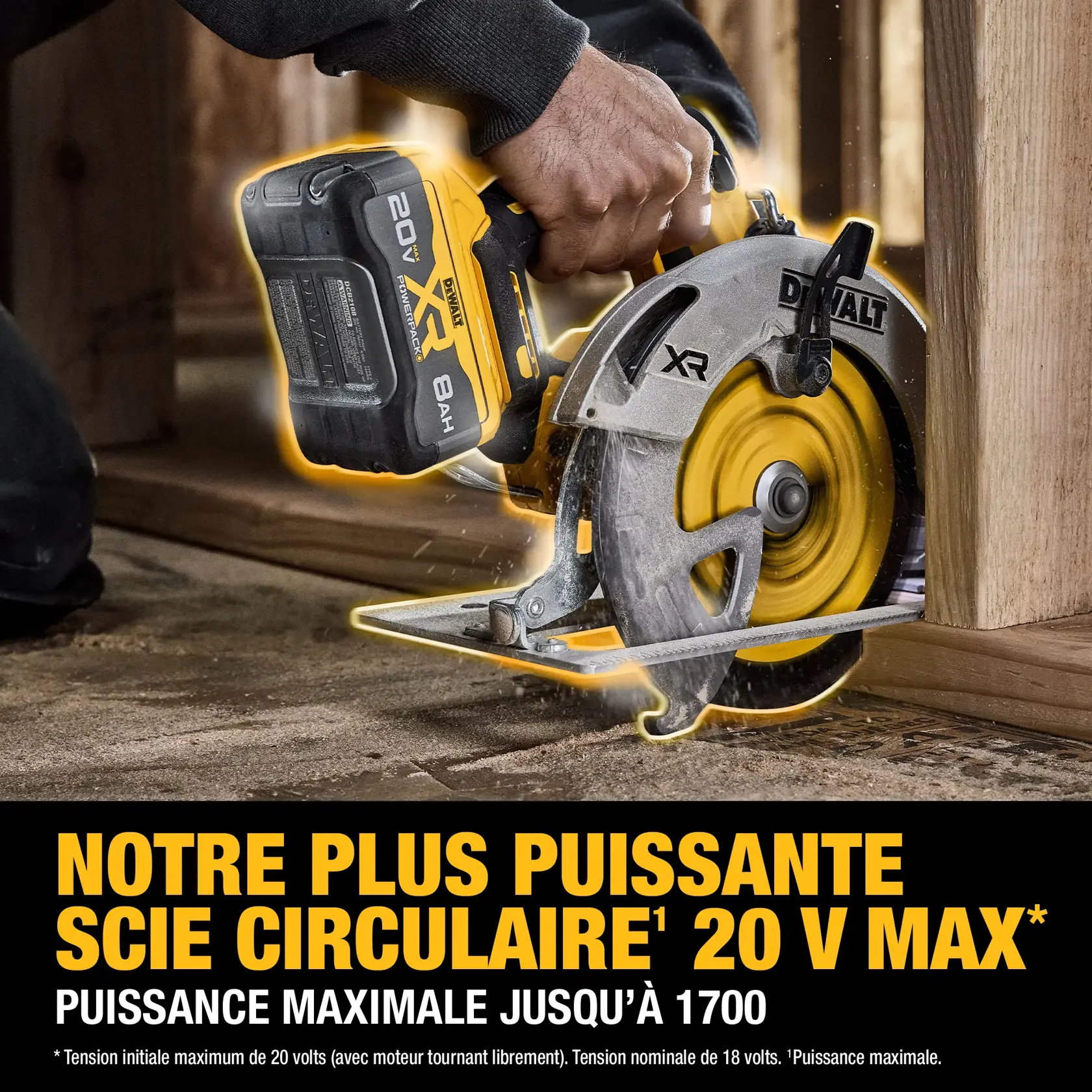 Promotional graphic for DEWALT's most powerful 20V MAX* circular saw, showing the saw, standard 20V battery, XR 8Ah battery, and highlighting increased performance with the XR battery. Bold yellow and gray text emphasizes power and battery capacity comparison on a black background.