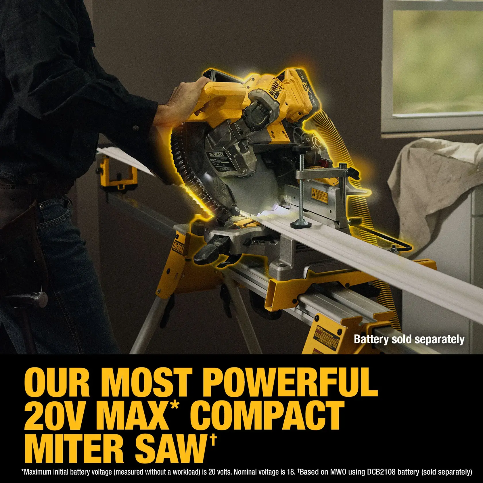 A person operates a DEWALT 20V MAX compact miter saw, cutting a piece of trim on a work stand. The saw is highlighted with a glowing outline, and text below reads: 'OUR MOST POWERFUL 20V MAX* COMPACT MITER SAW.' A note indicates that the battery is sold separately.