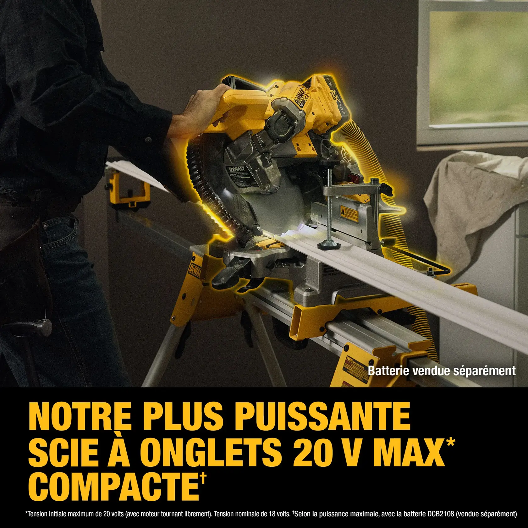 A person operates a DEWALT 20V MAX compact miter saw, cutting a piece of trim on a work stand. The saw is highlighted with a glowing outline, and text below reads: 'OUR MOST POWERFUL 20V MAX* COMPACT MITER SAW.' A note indicates that the battery is sold separately.
