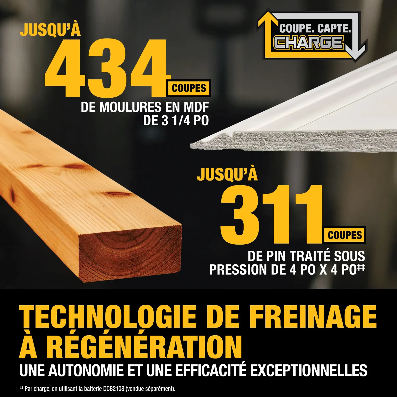 Promotional graphic for Dewalt power tool featuring two pieces of wood. The image highlights that the tool can make up to 434 cuts in 3-1/4 inch MDF baseboard and up to 311 cuts in 2x4 SPF lumber, per charge with the DCB2108 battery. It emphasizes regenerative braking technology and exceptional runtime and efficiency.