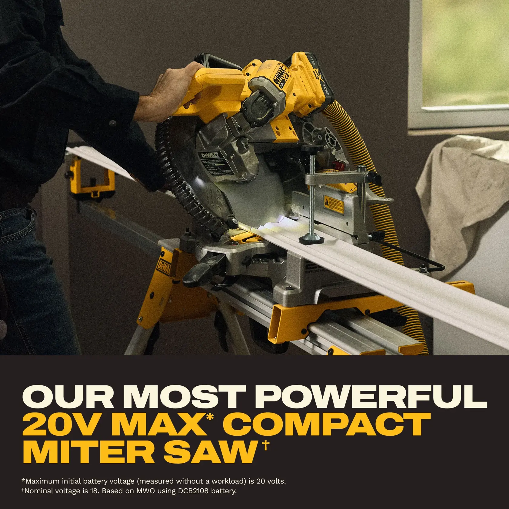 A person operates a DEWALT 20V Max compact miter saw, cutting a piece of trim, with bold text stating 'Our Most Powerful 20V Max* Compact Miter Saw' and additional information about battery voltage at the bottom.