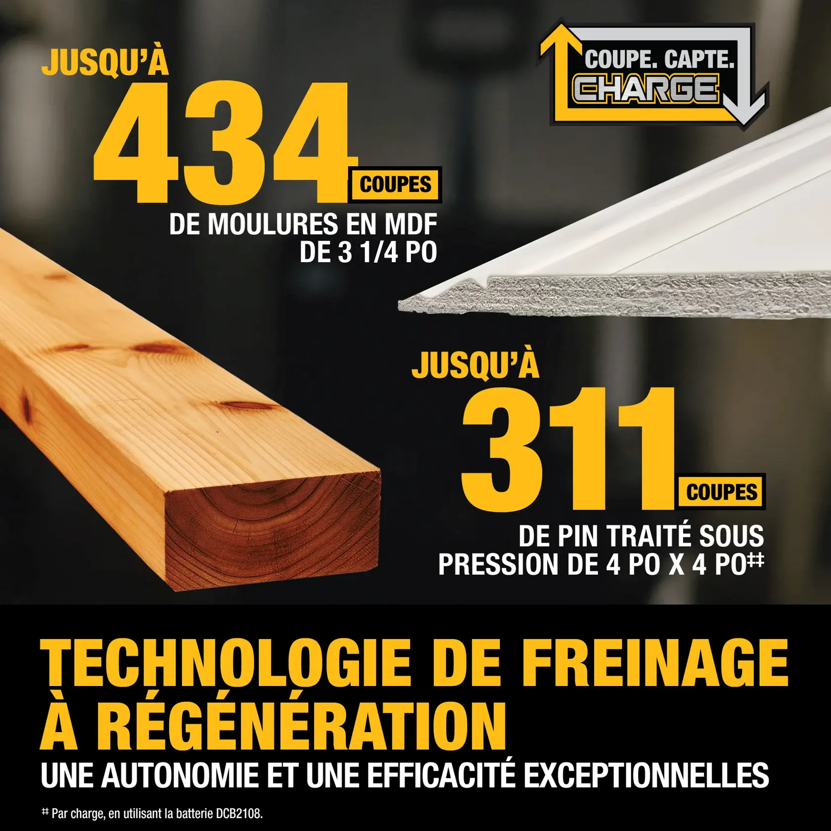 Promotional image featuring DEWALT cut, capture, charge technology. Highlights include up to 434 cuts in 3-1/4 inch MDF baseboard and up to 311 cuts in 2x4 SPF lumber, per charge using DCB2108 battery. Text emphasizes regenerative braking technology for exceptional runtime and efficiency.