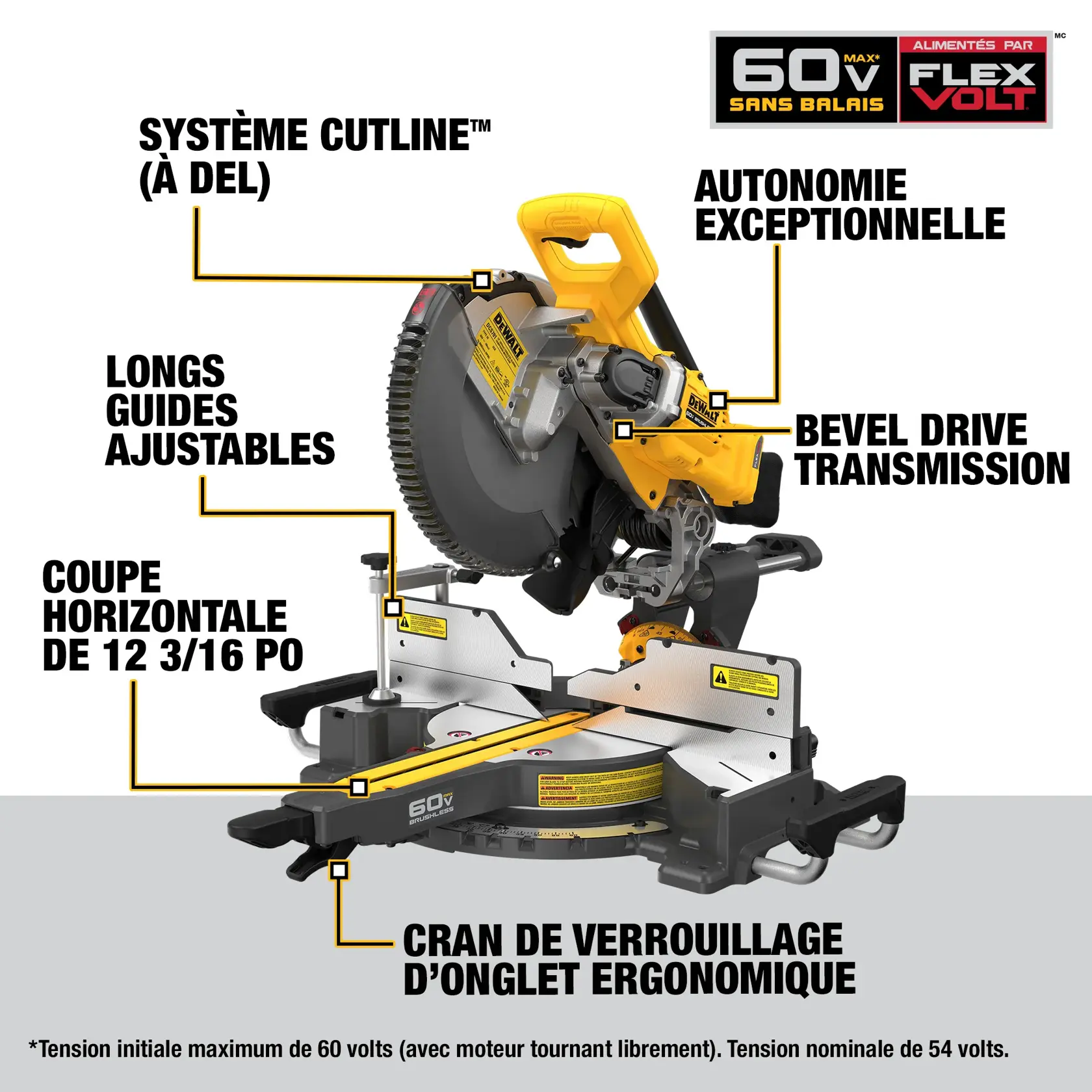 Image of a DEWALT 60V MAX FLEXVOLT brushless miter saw with labeled features including CUTLINE LED light, exceptional runtime, bevel drive transmission, tall adjustable fences, 12-3/16 inch horizontal cut, and ergonomic miter lock.