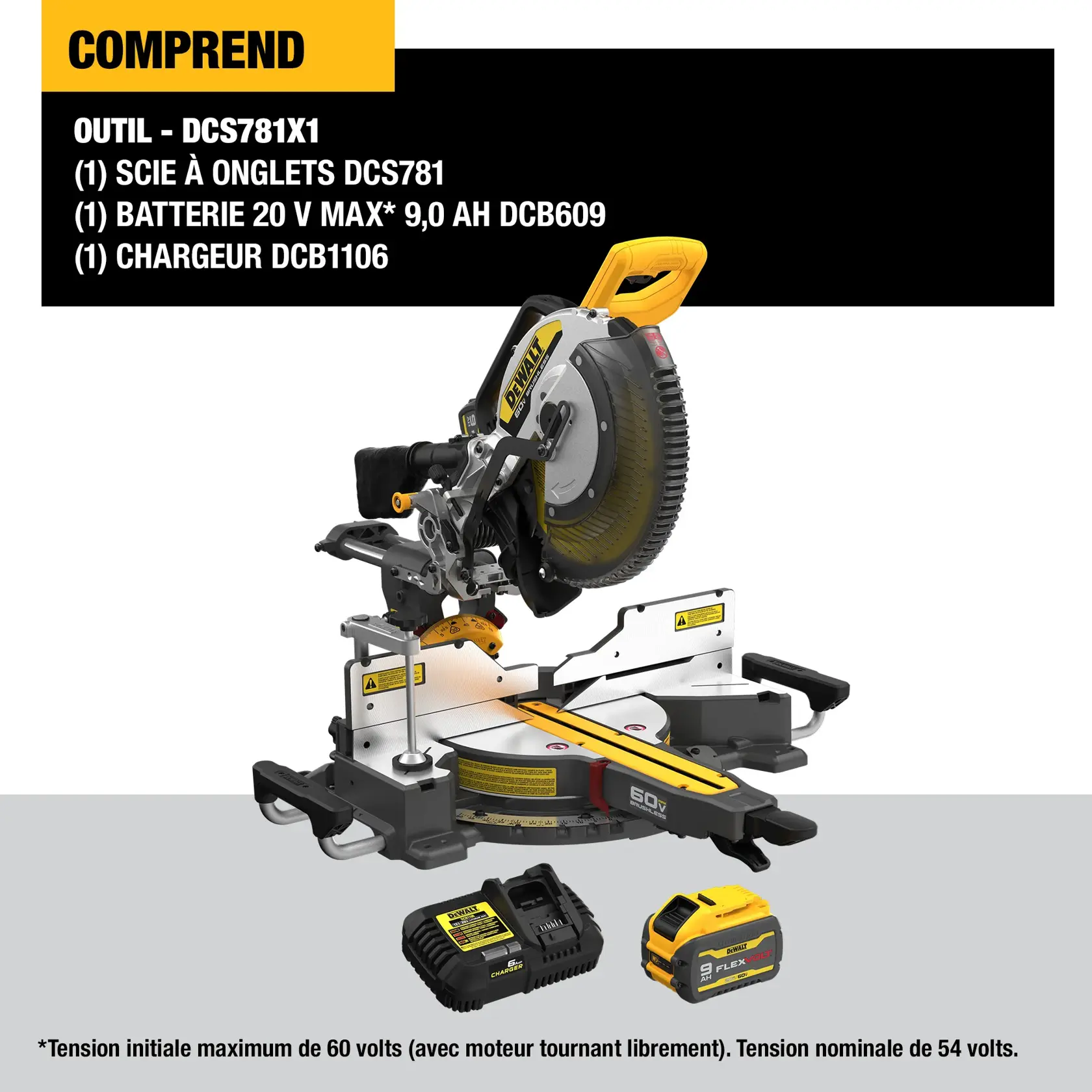DEWALT DCS781X1 kit, including a DCS781 miter saw, a DCB609 20V MAX* 9.0 Ah battery, and a DCB1106 charger. The image shows the miter saw, battery, and charger on a neutral background. Note states maximum initial battery voltage is 60 volts, nominal voltage is 54 volts.