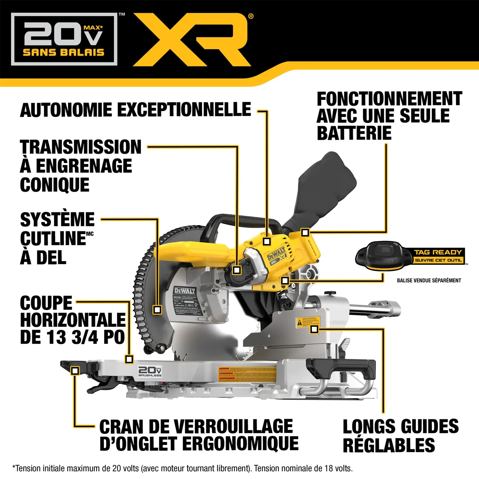 Image of a DEWALT 20V Max XR Brushless miter saw with labeled features: bevel drive transmission, exceptional runtime, single battery operation, Cutline LED light, 13-3/4 inch horizontal cut, ergonomic miter lock, tall adjustable fences, and tag ready tracking capability (tag sold separately).