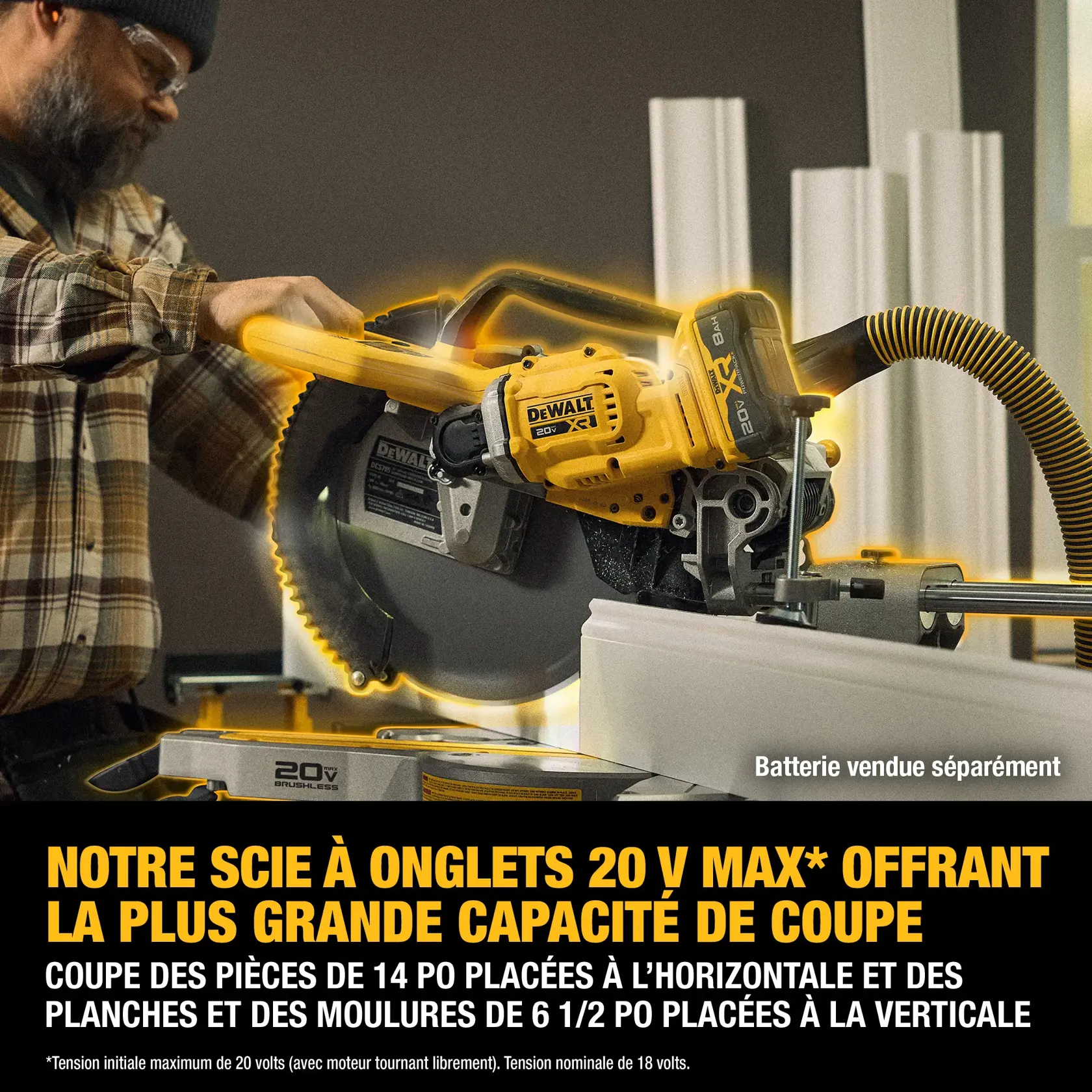 A person using a DEWALT 20V MAX miter saw to cut a piece of molding. The saw is yellow and black, battery operated, and is promoted as having the largest cut capacity for its category. Text highlights its ability to cut up to 14 inches horizontally, 6-1/2 inches baseboard standing up, and 6-1/2 inches crown nested. Battery is sold separately.