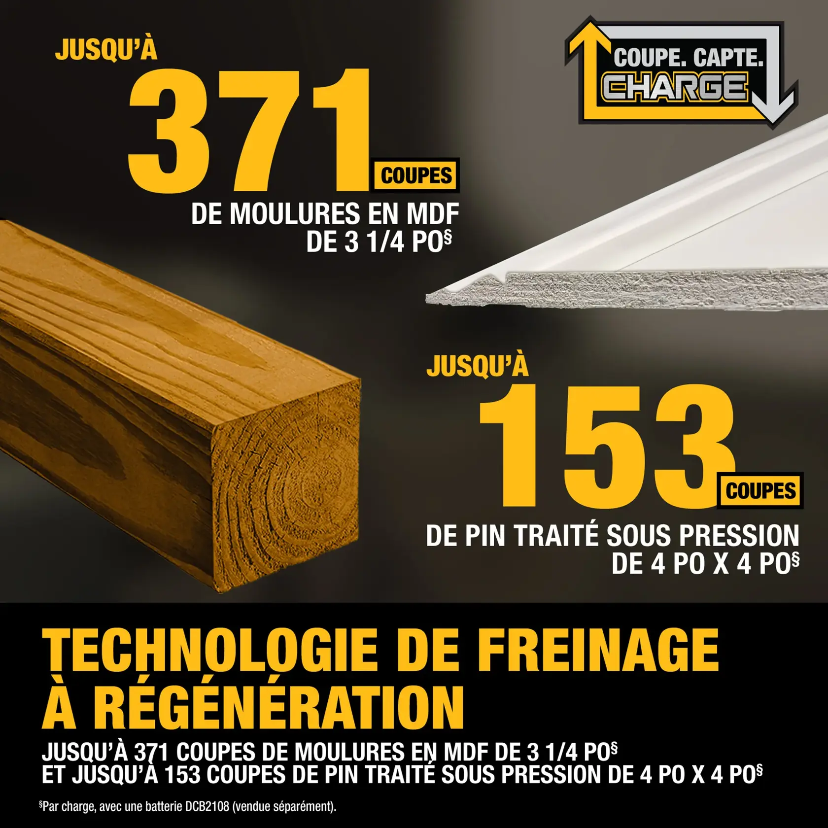 Graphic showing the DEWALT DCS785B tool's cutting performance, highlighting up to 371 cuts in 3-1/4 inch MDF baseboards and up to 153 cuts in 4 inch by 4 inch pressure-treated timbers per charge. Features mention regenerative braking technology and that cuts are per charge using a DCB2108 battery (sold separately). Image includes illustrations of both baseboard and timber pieces.