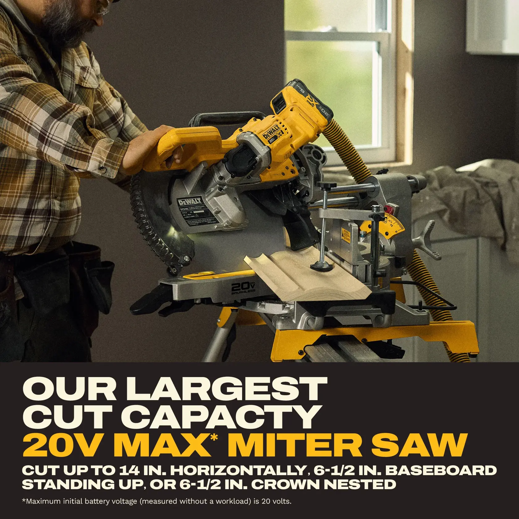 A person uses a DEWALT 20V Max miter saw to cut a piece of wood indoors. The saw is promoted as having the largest cut capacity, capable of cutting up to 14 inches horizontally, 6-1/2 inches baseboard standing up, or 6-1/2 inches crown nested. There is a window in the background and the workspace is well-lit.