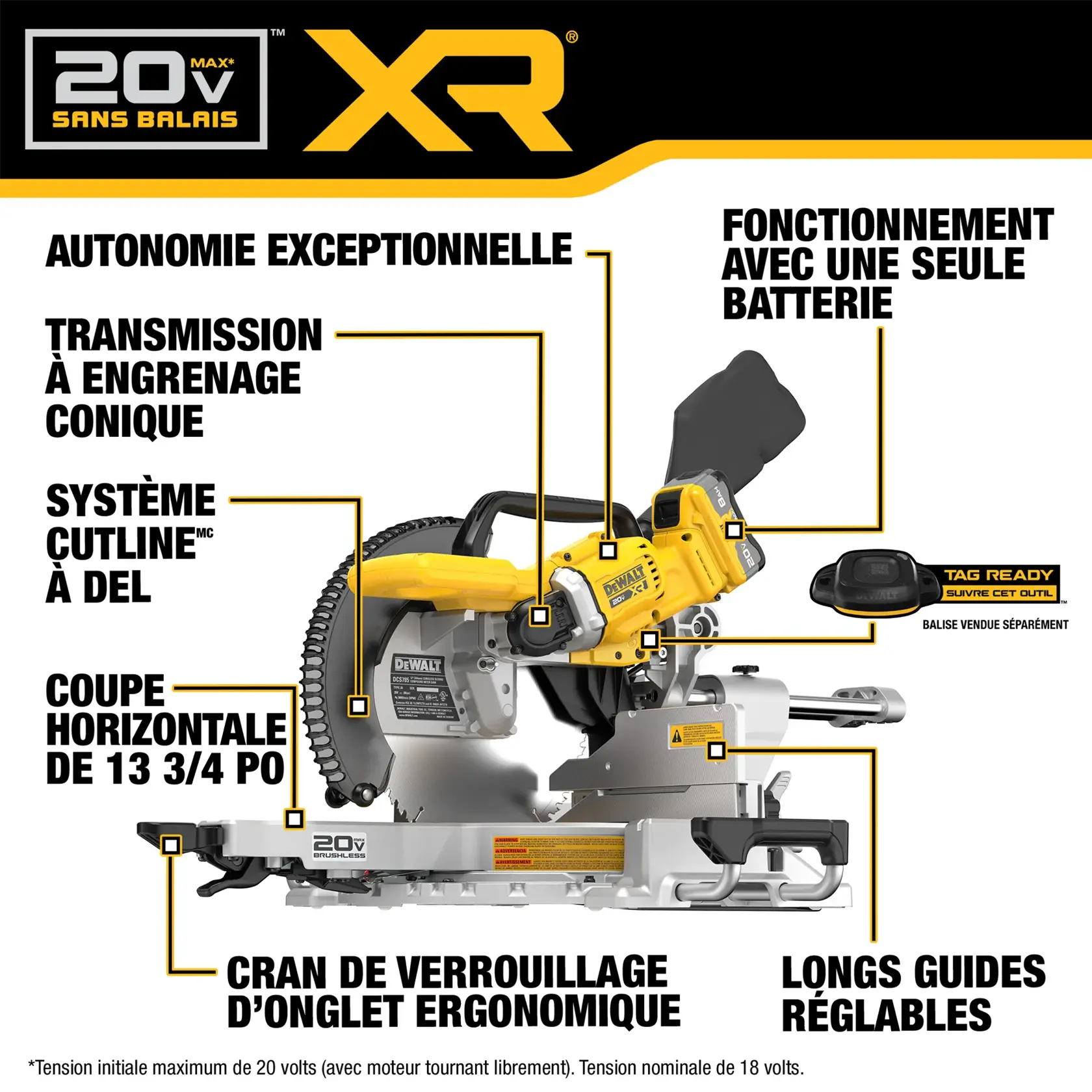 DEWALT 20V MAX XR brushless miter saw with labeled features including bevel drive transmission, exceptional runtime, single battery operation, CUTLINE LED light, 13-3/4 inch horizontal cut, ergonomic miter lock, and tall adjustable fences. Tool tracking tag is shown and noted as sold separately.