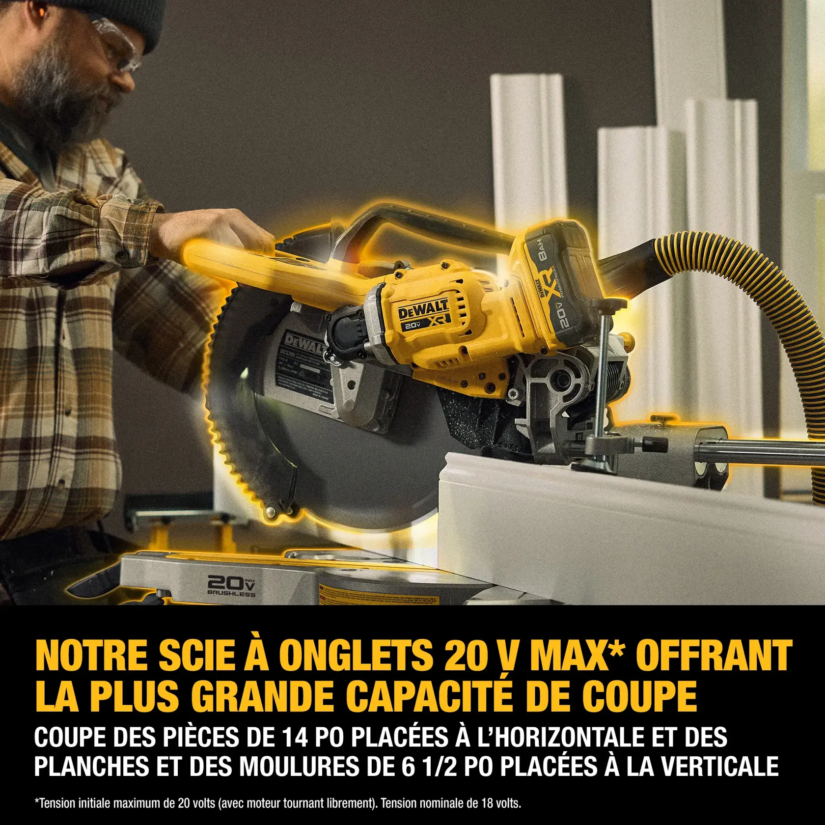 A person uses a DEWALT 20V Max miter saw to cut a piece of wood indoors. The saw is promoted as having the largest cut capacity, capable of cutting up to 14 inches horizontally, 6-1/2 inches baseboard standing up, or 6-1/2 inches crown nested. There is a window in the background and the workspace is well-lit.
