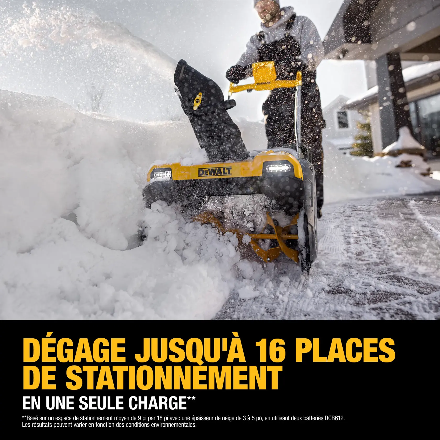 A person uses a DEWALT branded snow blower to clear snow from a driveway. The snow blower throws snow aside, and the image contains bold yellow and white text stating that it can clear up to 16 parking spaces on a single charge.