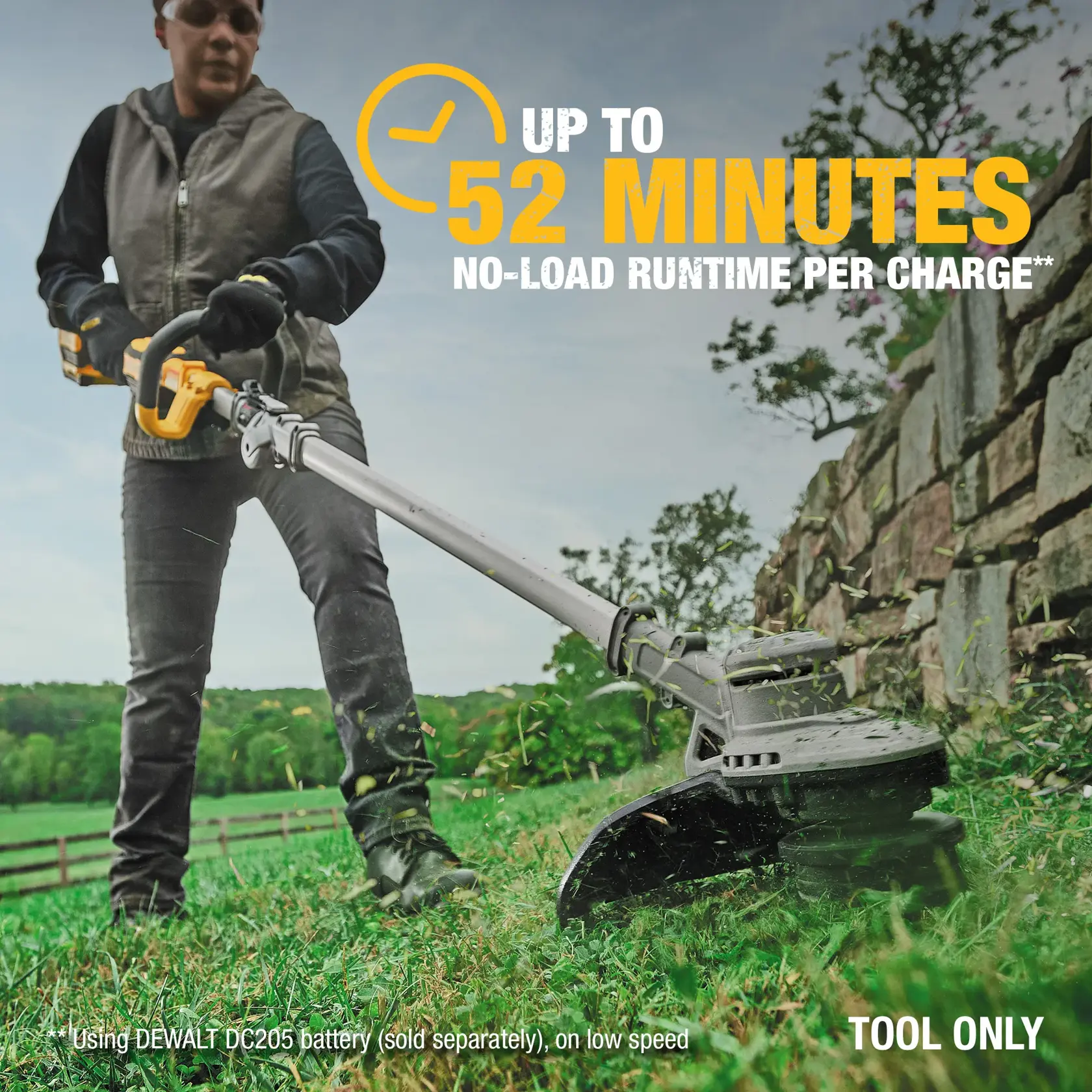 Person using a DEWALT string trimmer outdoors. Text says up to 52 minutes runtime per charge. Tool only.