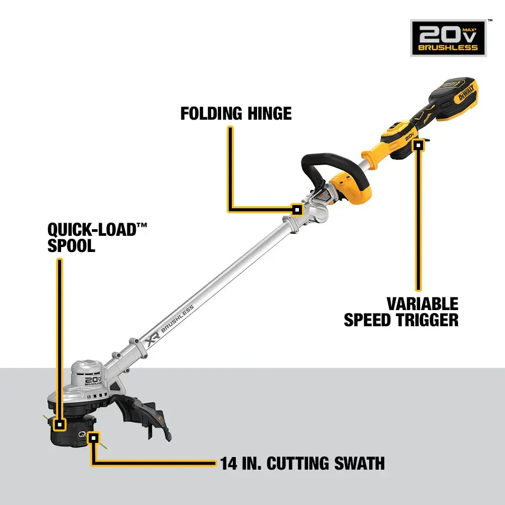 DEWALT 20V cordless string trimmer with folding hinge, variable speed trigger, quick-load spool, 14 in. cutting swath.
