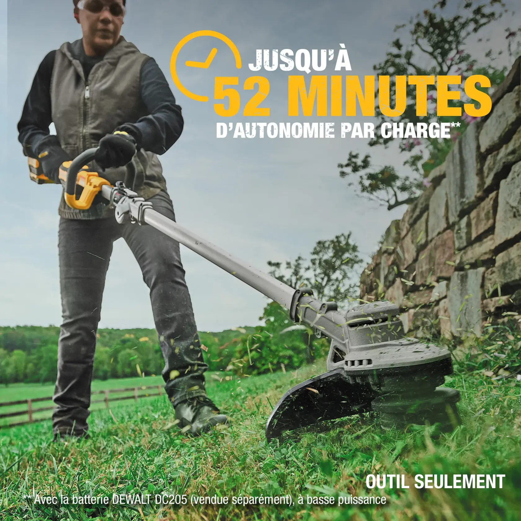 Person using a DEWALT string trimmer outdoors. Text says up to 52 minutes runtime per charge. Tool only.