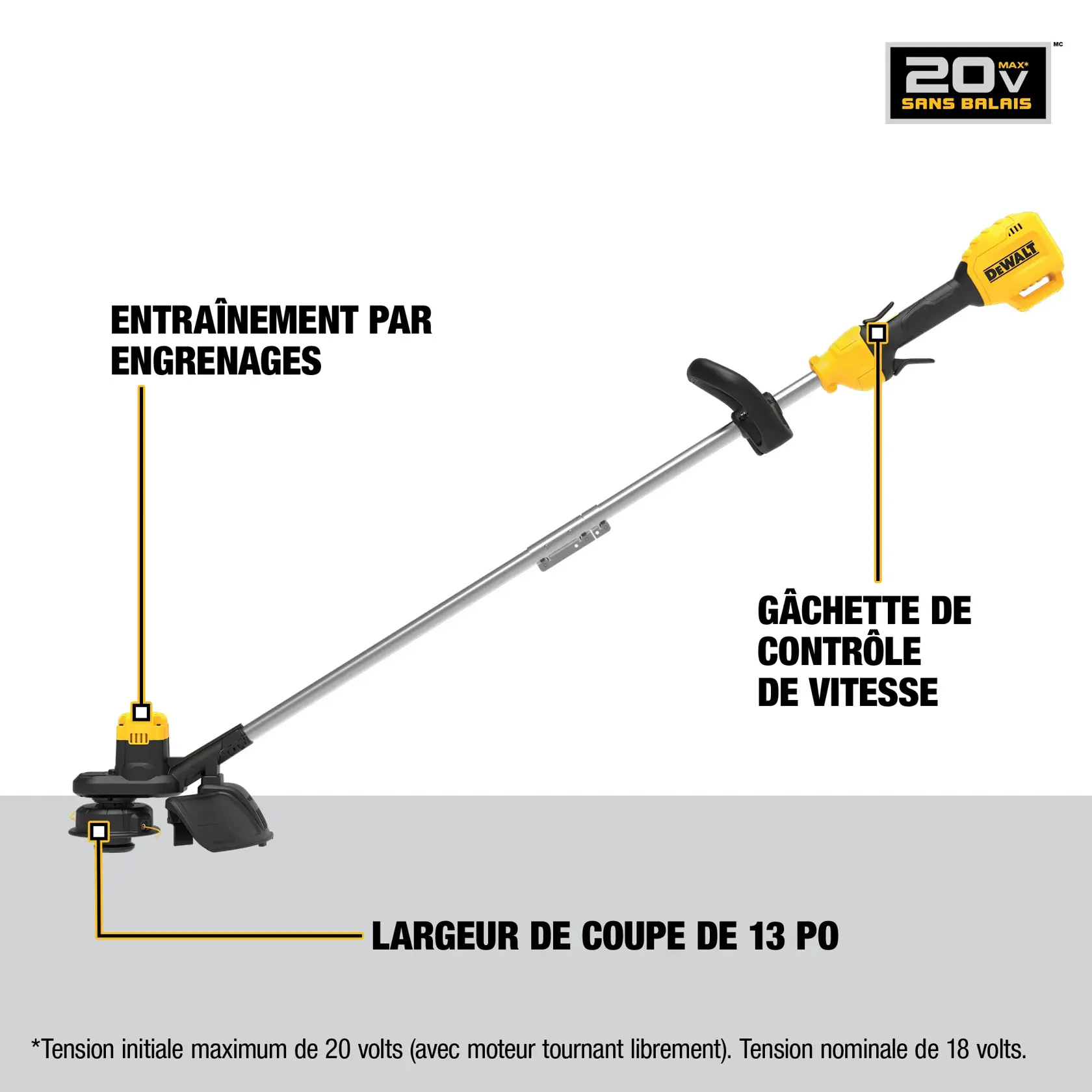 DEWALT 20V brushless string trimmer with gear drive, 13 in. cutting swath, and variable speed trigger.