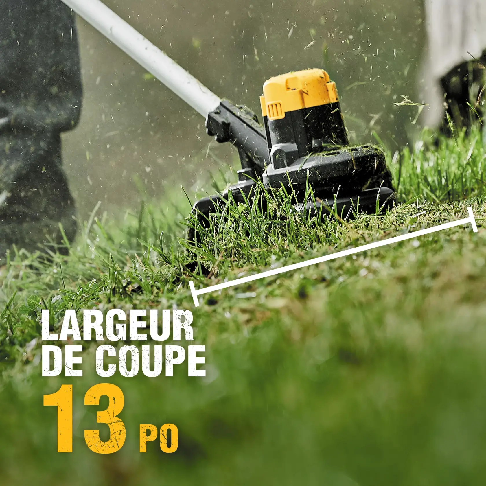 Close-up of a DEWALT trimmer in use cutting grass, showing a 13-inch cutting swath on the lawn.