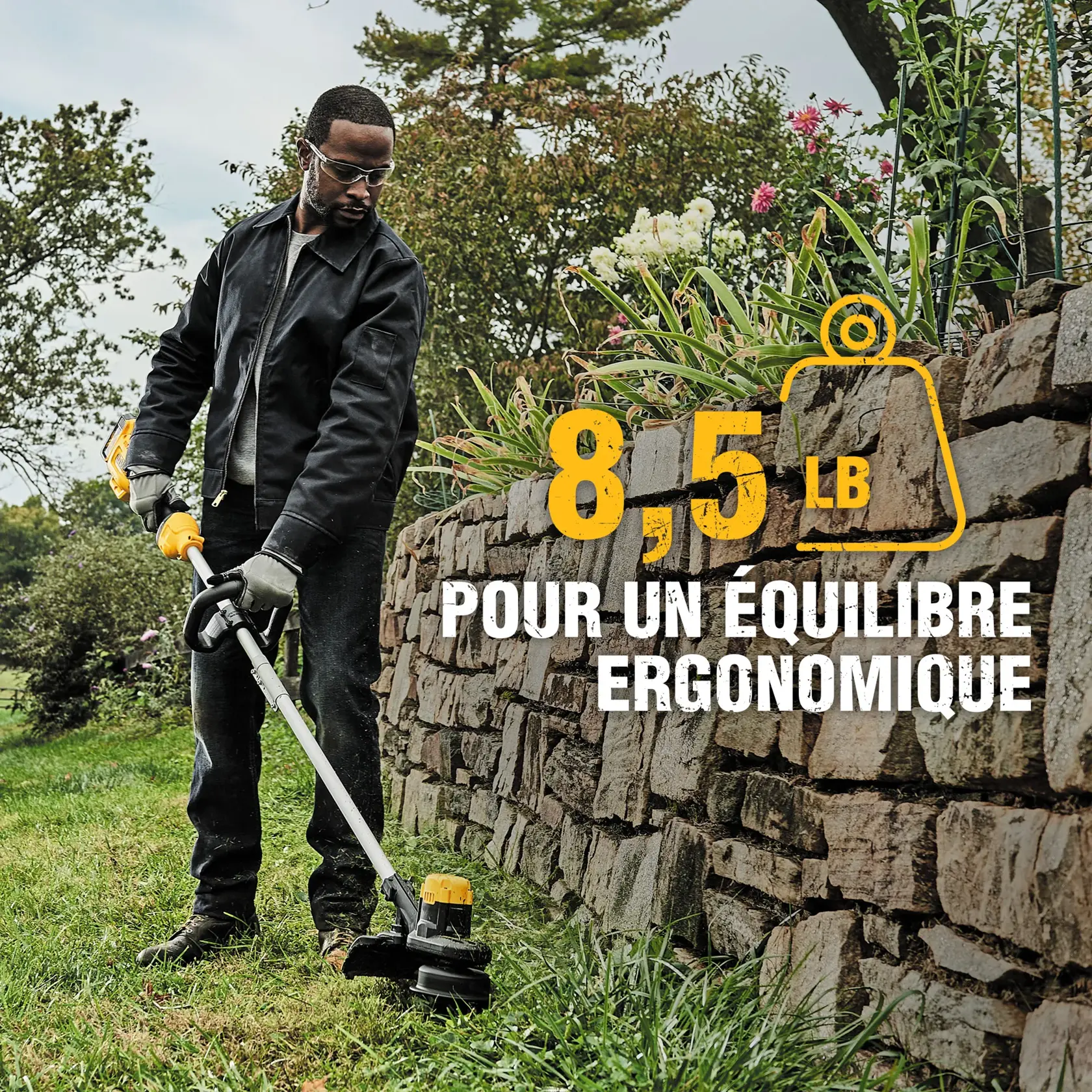 Person using DEWALT string trimmer near stone wall. Text: 8.5 lbs for ergonomic balance.