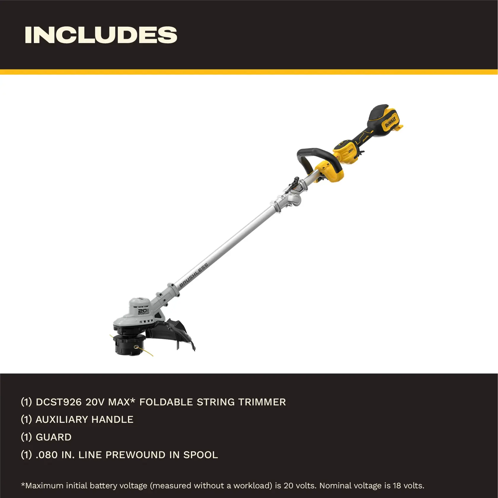 DEWALT DCST926B 20V MAX foldable string trimmer with yellow and black detailing, shown with auxiliary handle, guard, and prewound .080 inch line spool. Includes product listing and specifications text below the image.
