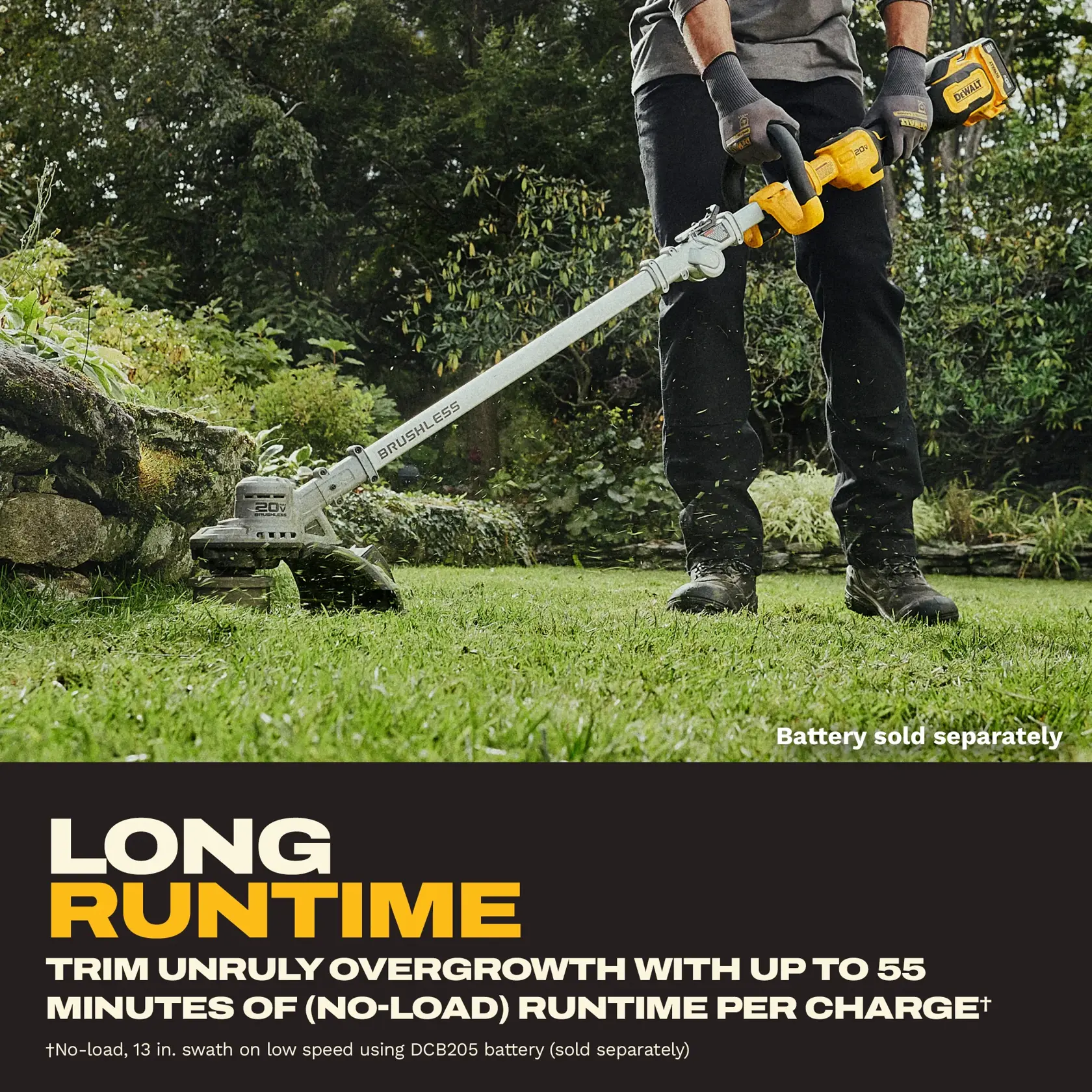 A person outdoors using a DEWALT cordless brushless string trimmer to trim grass near a stone wall, with a highlighted text stating 'LONG RUNTIME: Trim unruly overgrowth with up to 55 minutes of (no-load) runtime per charge.' The image mentions that the battery is sold separately.
