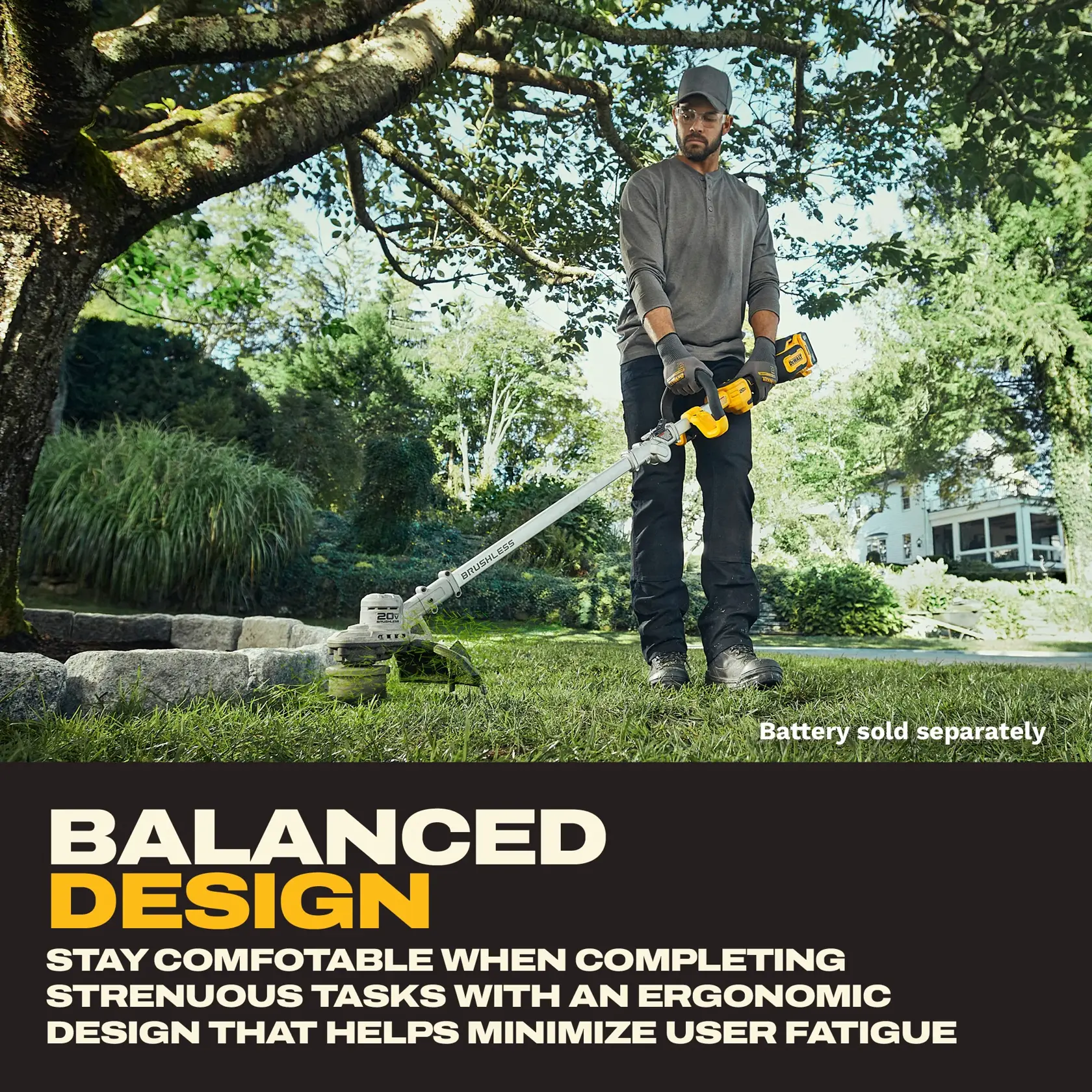 A person using a DEWALT DCST926B string trimmer on a lawn, with trees and a house in the background. The product is promoted as having a balanced and ergonomic design to minimize user fatigue, and the image mentions that the battery is sold separately.