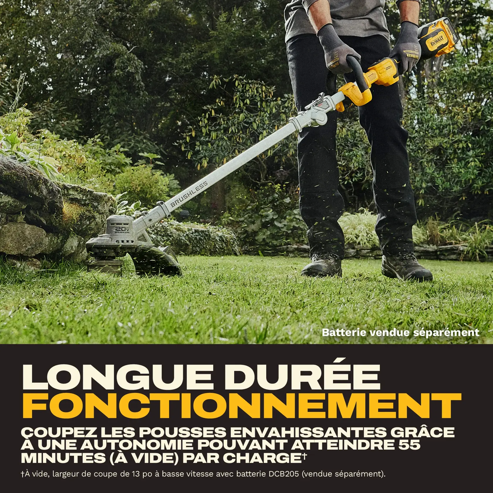 Promotional image for the DEWALT DCST926B 20V MAX Brushless String Trimmer. Key features highlighted include a long runtime of up to 55 minutes per charge, a low maintenance brushless motor, balanced design to minimize user fatigue, quick reload spool head, variable-speed control with high/low selector and trigger, adjustable cutting swath of 13 to 15 inches, and a foldable design for easy transport or storage.