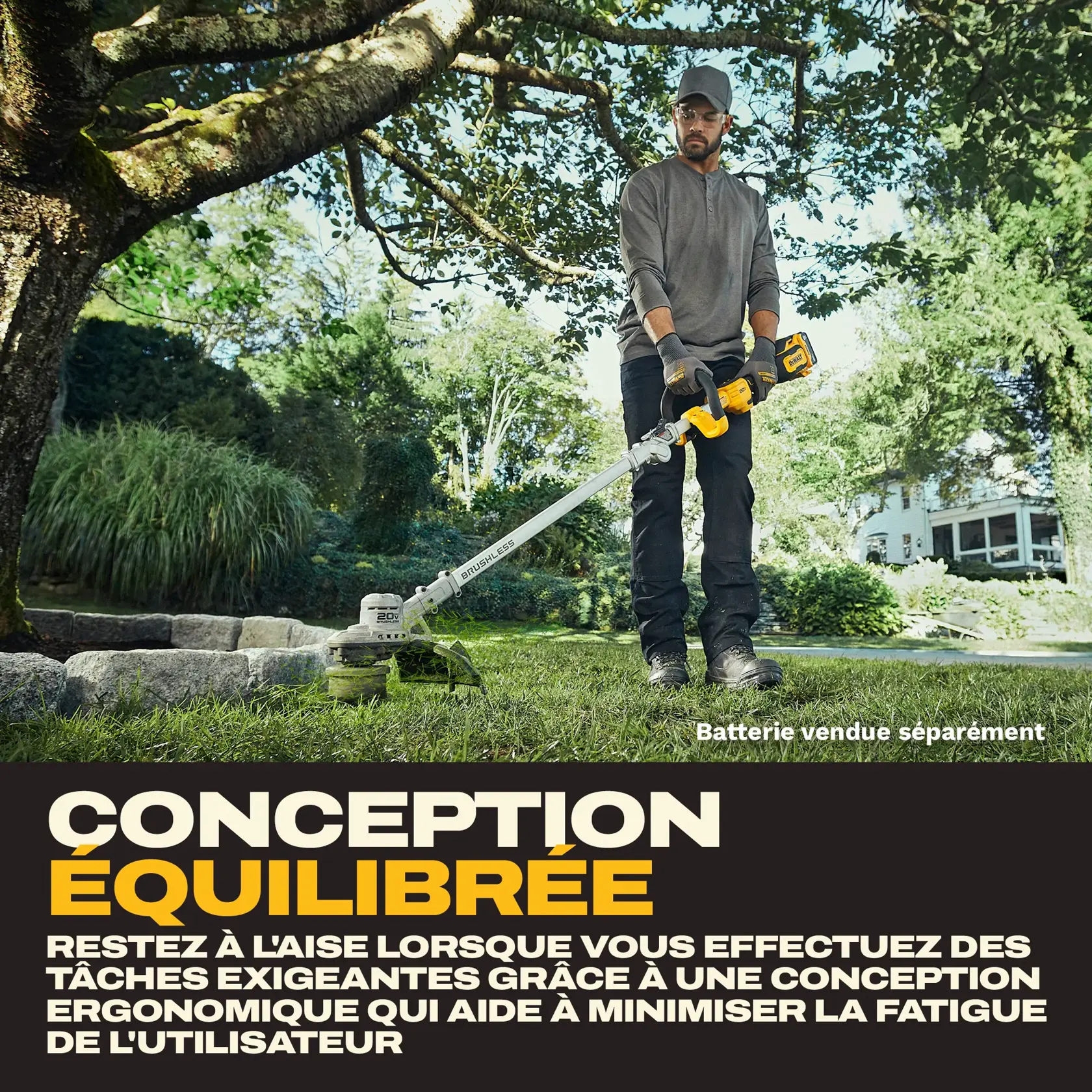 A person outdoors using a DEWALT cordless brushless string trimmer to trim grass near a stone wall, with a highlighted text stating 'LONG RUNTIME: Trim unruly overgrowth with up to 55 minutes of (no-load) runtime per charge.' The image mentions that the battery is sold separately.
