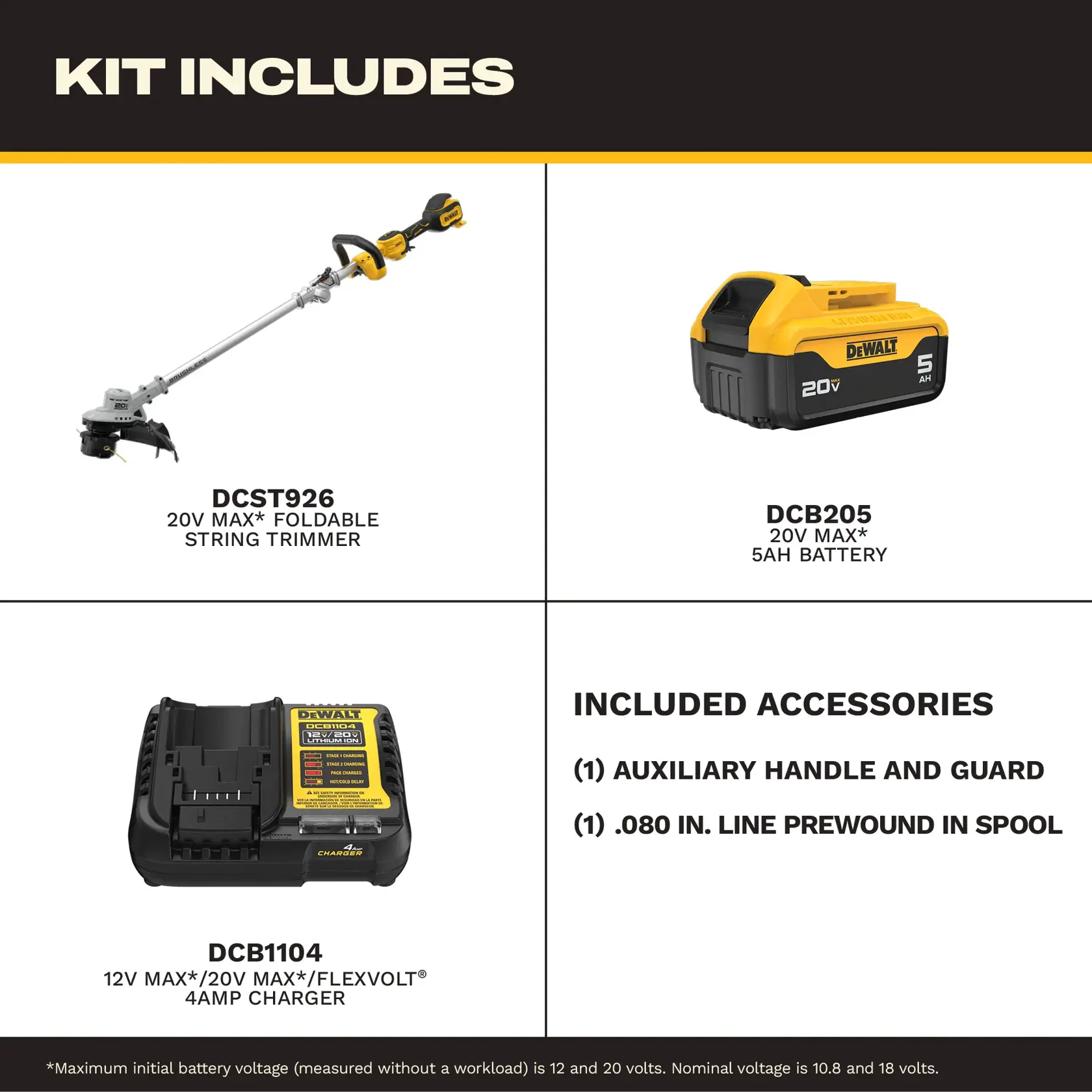 Product kit image for the DEWALT DCST926P1. The kit includes a 20V MAX foldable string trimmer (DCST926), a 20V MAX 5Ah battery (DCB205), a 12V MAX/20V MAX/FLEXVOLT 4 amp charger (DCB1104), and two accessories: an auxiliary handle and guard, and .080 inch line prewound in spool. Text notes maximum initial battery voltage and nominal voltage values.