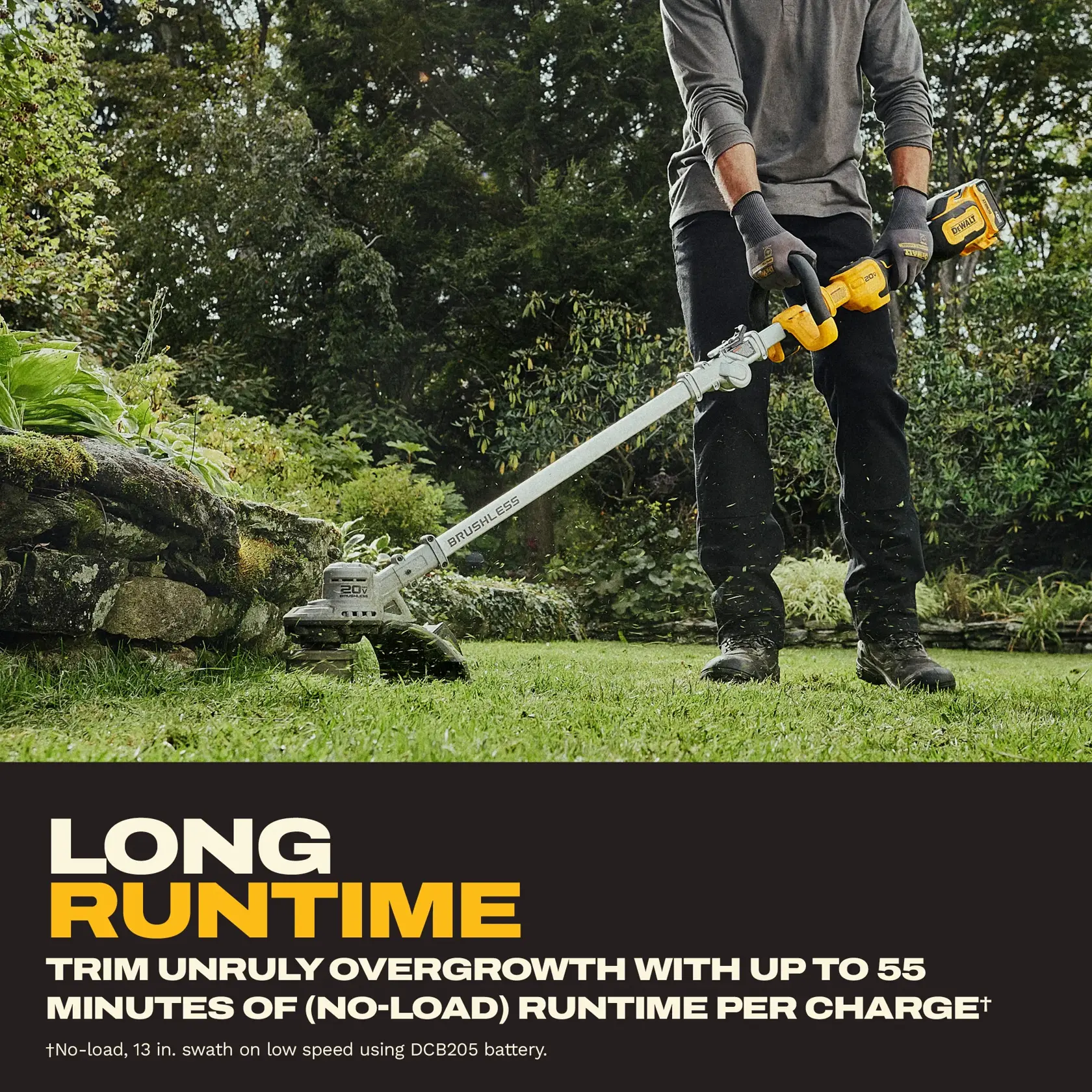 A person is using a DEWALT cordless string trimmer in a garden to trim overgrown grass. The image highlights the long runtime feature of the DEWALT DCST926P1 trimmer, advertising up to 55 minutes of (no-load) runtime per charge.