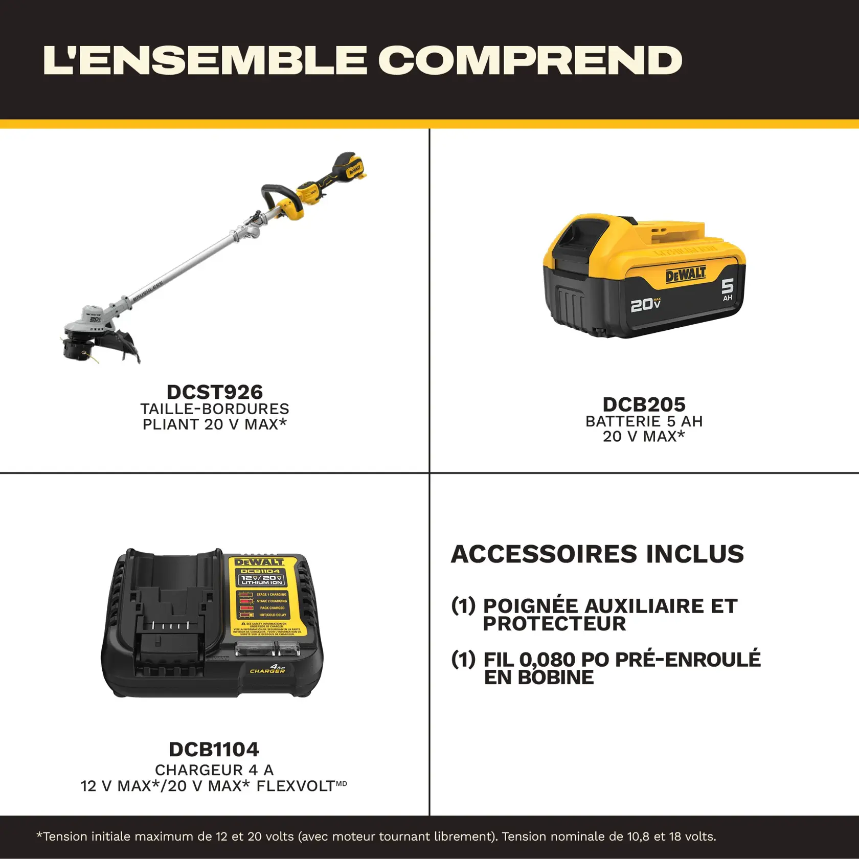 Product kit image for the DEWALT DCST926P1. The kit includes a 20V MAX foldable string trimmer (DCST926), a 20V MAX 5Ah battery (DCB205), a 12V MAX/20V MAX/FLEXVOLT 4 amp charger (DCB1104), and two accessories: an auxiliary handle and guard, and .080 inch line prewound in spool. Text notes maximum initial battery voltage and nominal voltage values.