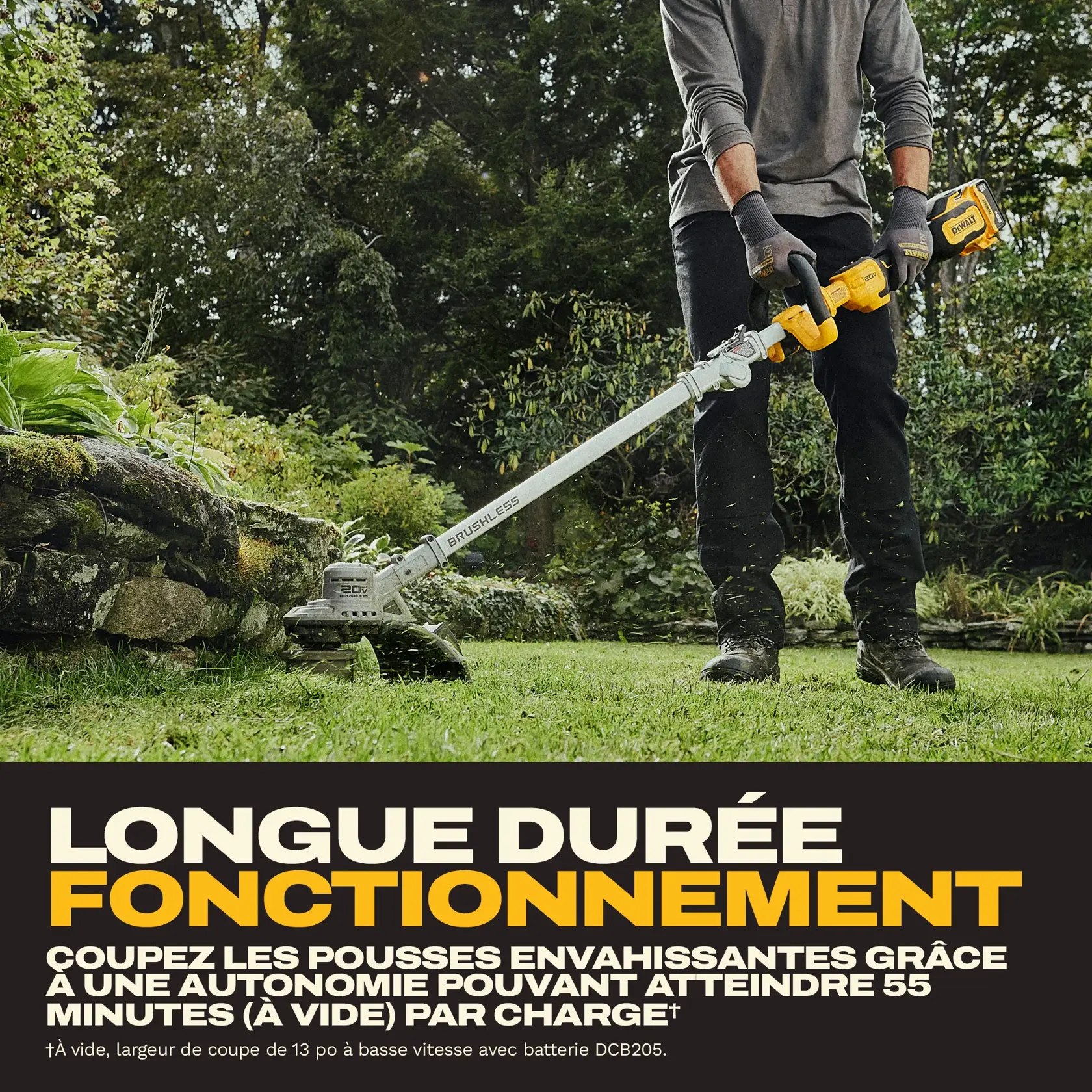 Image showing a DEWALT 20V brushless string trimmer with highlighted features, including long runtime up to 55 minutes per charge, brushless motor for low maintenance, balanced design to minimize user fatigue, quick reload spool head, adjustable swath from 13 to 15 inches, variable-speed control with high/low speed selector and trigger, and foldable design for easy transport or storage.