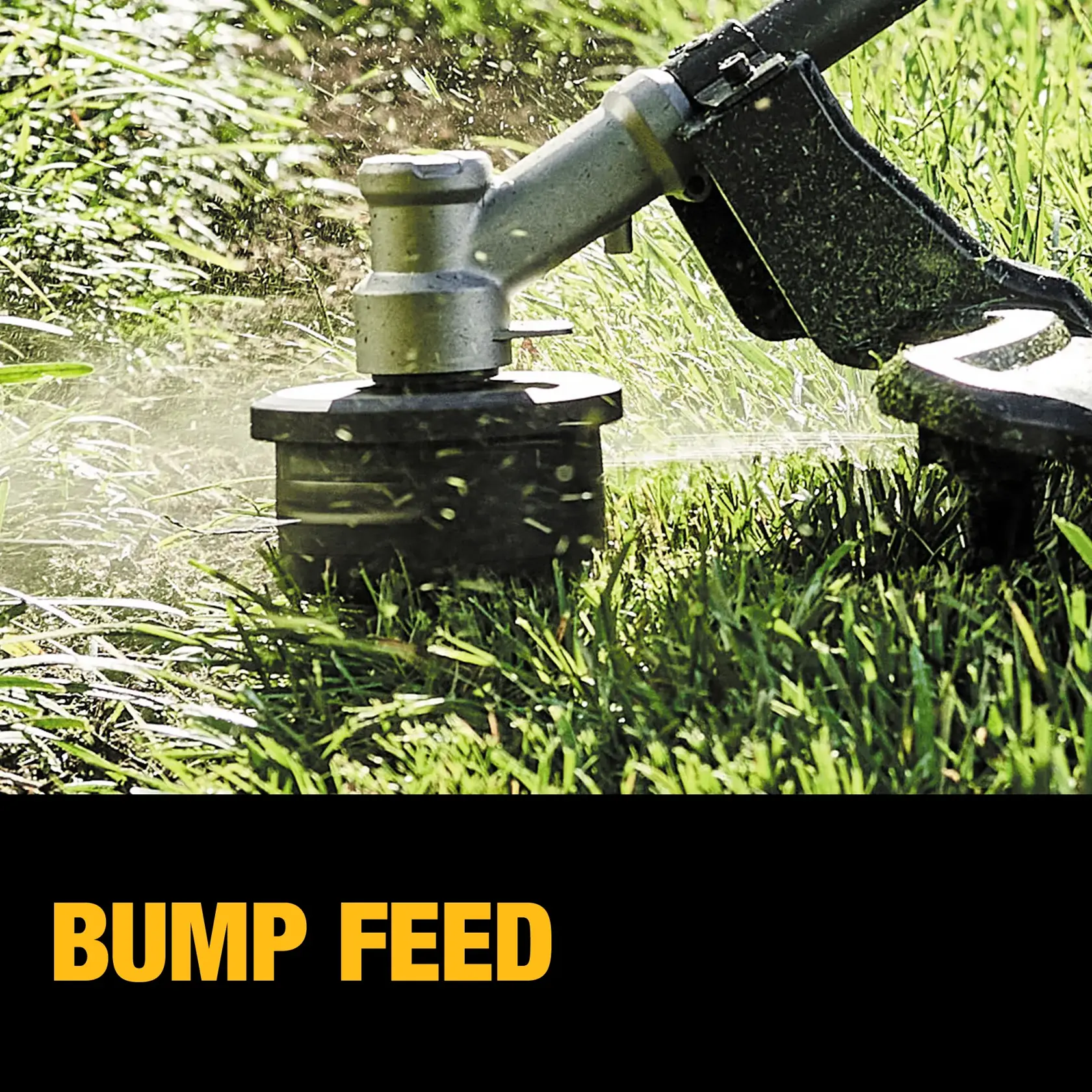 Close-up of DEWALT trimmer head cutting grass, with bump feed text below in yellow on black background.
