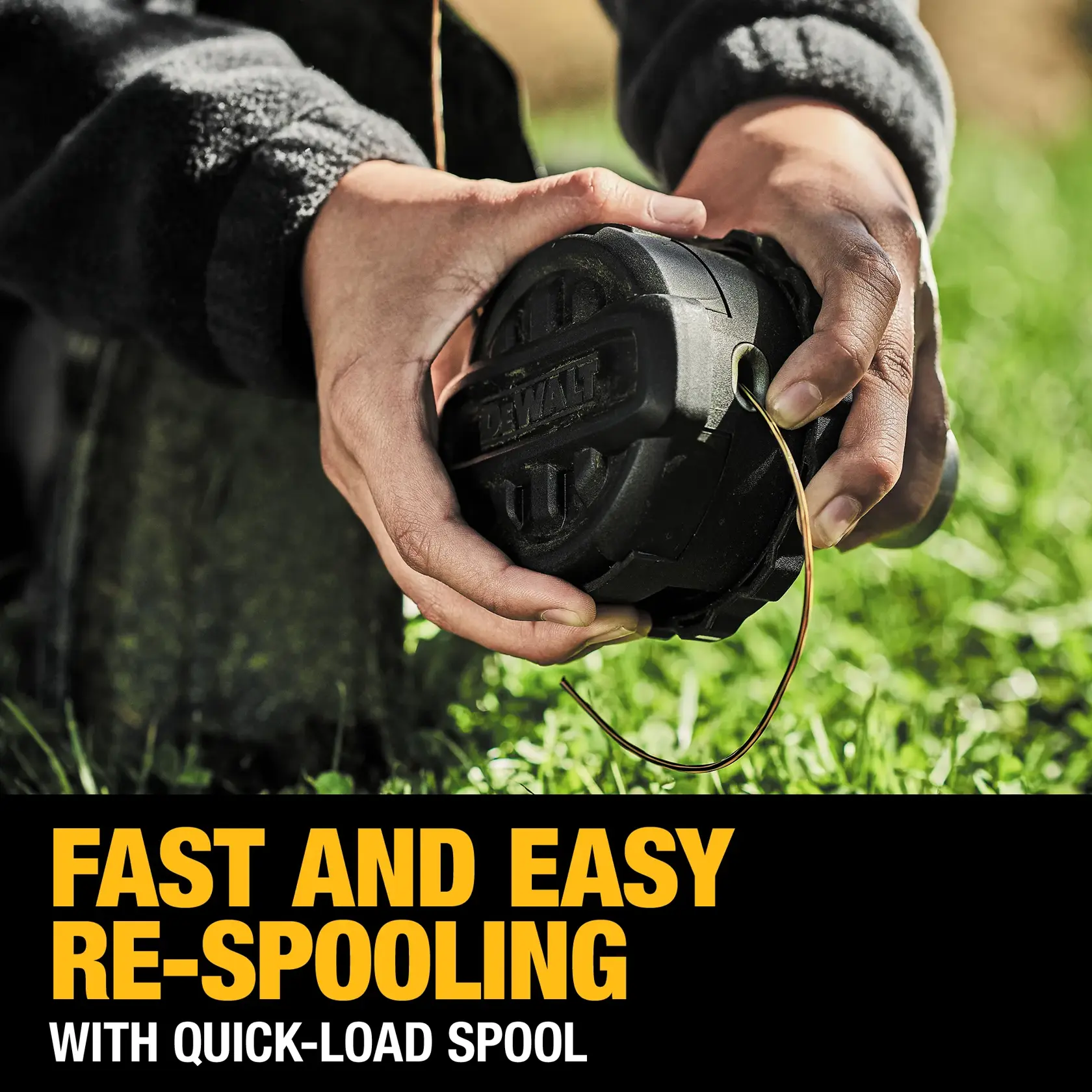 Hands re-spool a DEWALT quick-load spool for fast and easy string trimmer maintenance in grass.