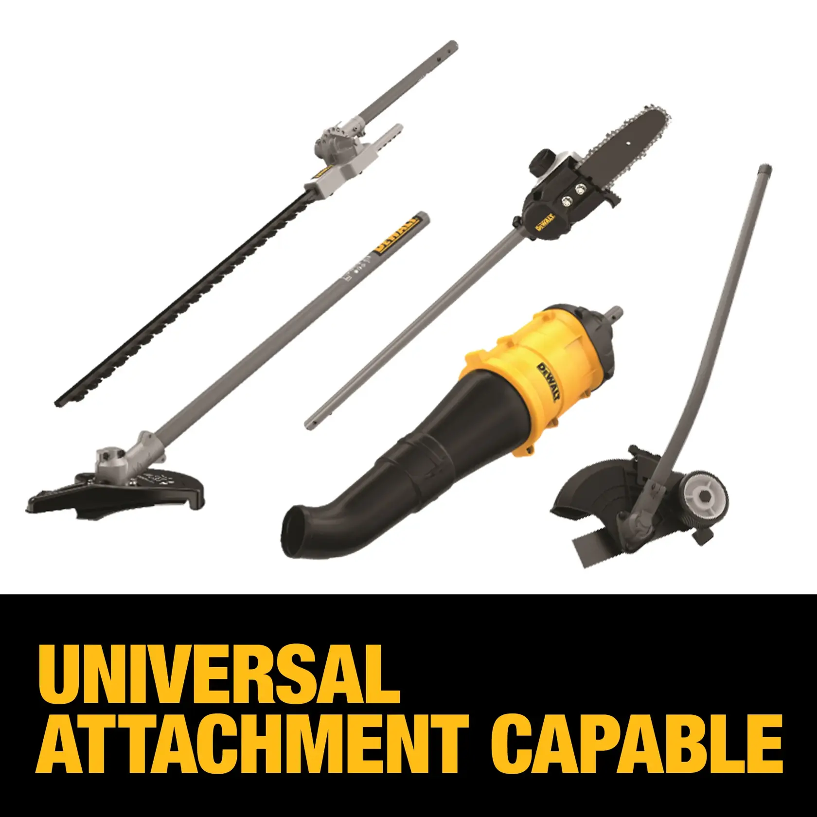 DEWALT attachments for outdoor tools shown above universal attachment capable text in yellow and black.