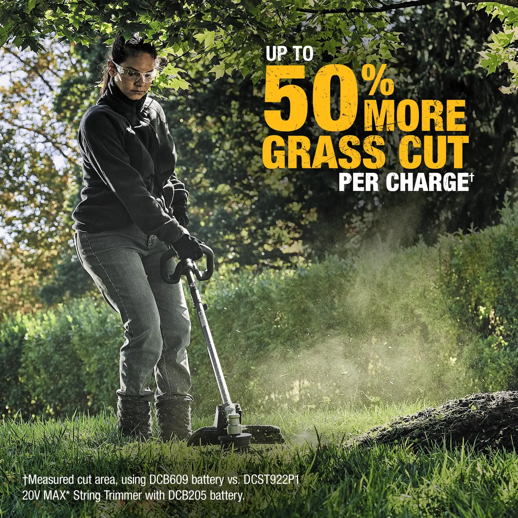 A person is using a DEWALT string trimmer outdoors to cut grass, with a promotional message stating 'Up to 50% more grass cut per charge.' The background is a green, leafy garden area, and the person's face is obscured for privacy.