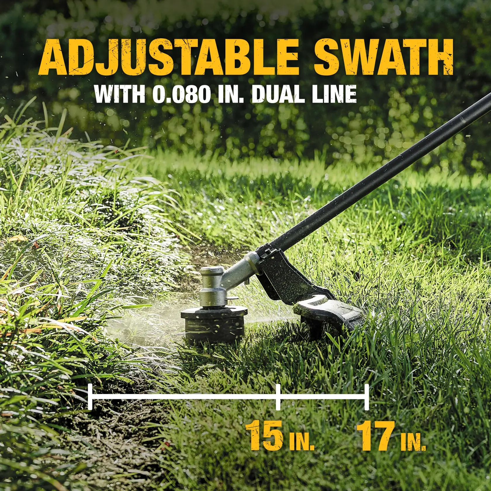 A DEWALT string trimmer cutting grass, with text overlay highlighting its adjustable cutting swath between 15 and 17 inches and a 0.080 inch dual line feature.