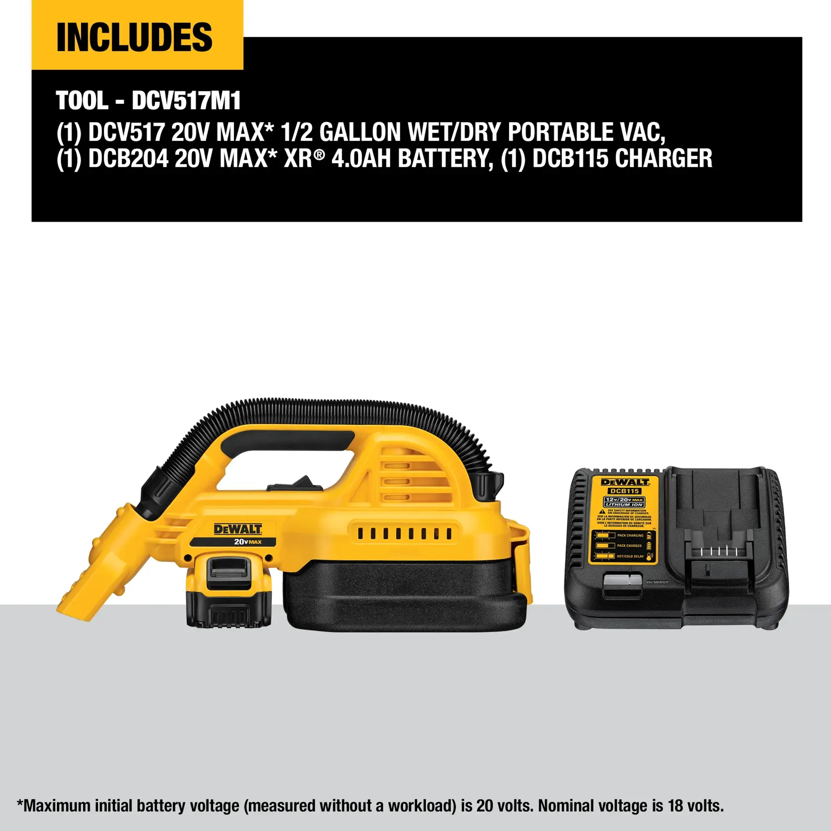 The image shows a DEWALT 20V MAX DCV517M1 portable wet/dry vacuum kit. Included in the kit are a yellow and black 1/2 gallon cordless vacuum, a 20V MAX XR 4.0Ah battery, and a DCB115 charger. Features and kit contents are listed at the top.