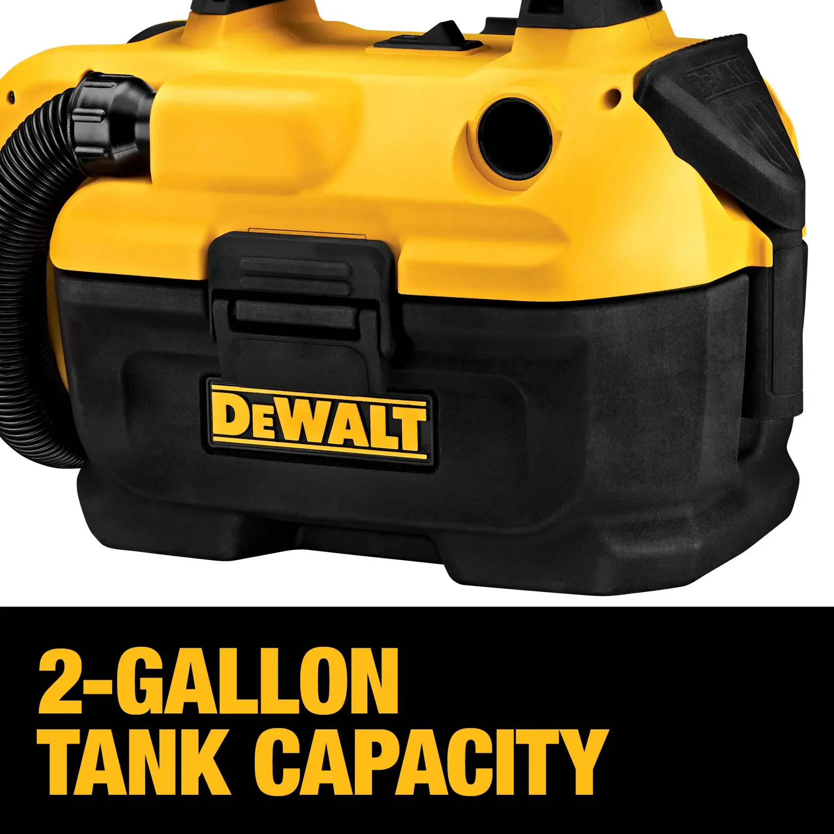 Close-up image of a DEWALT portable wet/dry vacuum, highlighting its 2-gallon tank capacity. The vacuum is yellow and black, with a flexible hose attached and the DEWALT logo visible.